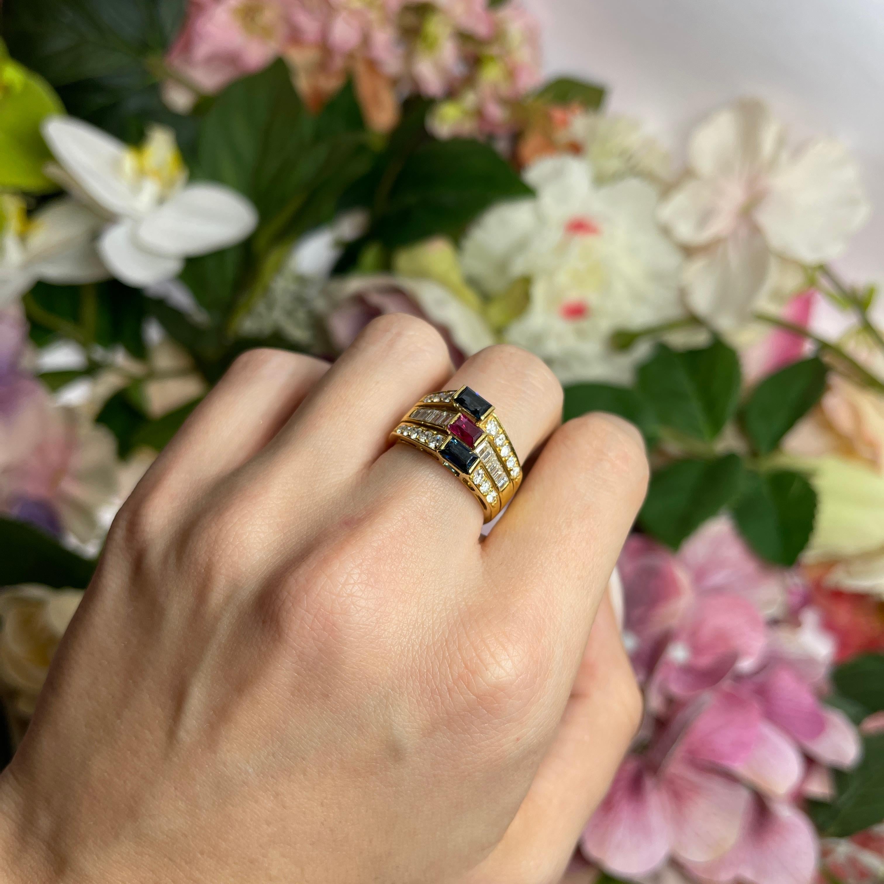 18kt Yellow Gold Band Ring with Ruby, Sapphires, and Diamond Pavé For Sale 2