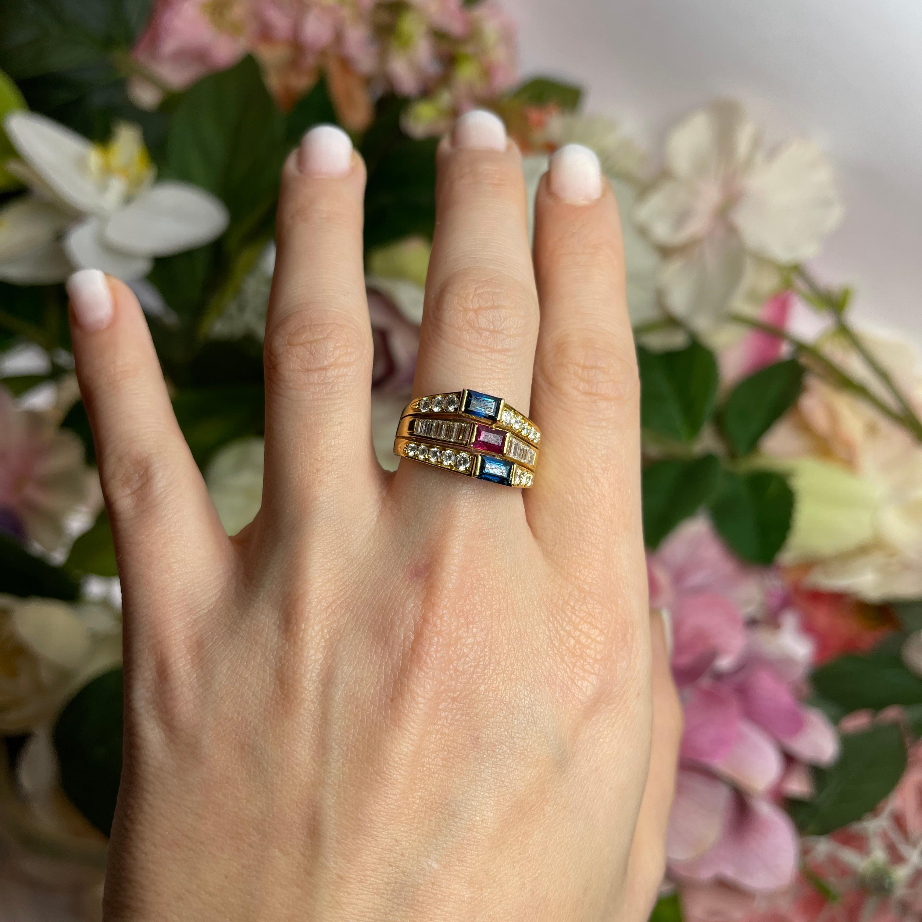 18kt Yellow Gold Band Ring with Ruby, Sapphires, and Diamond Pavé For Sale 3
