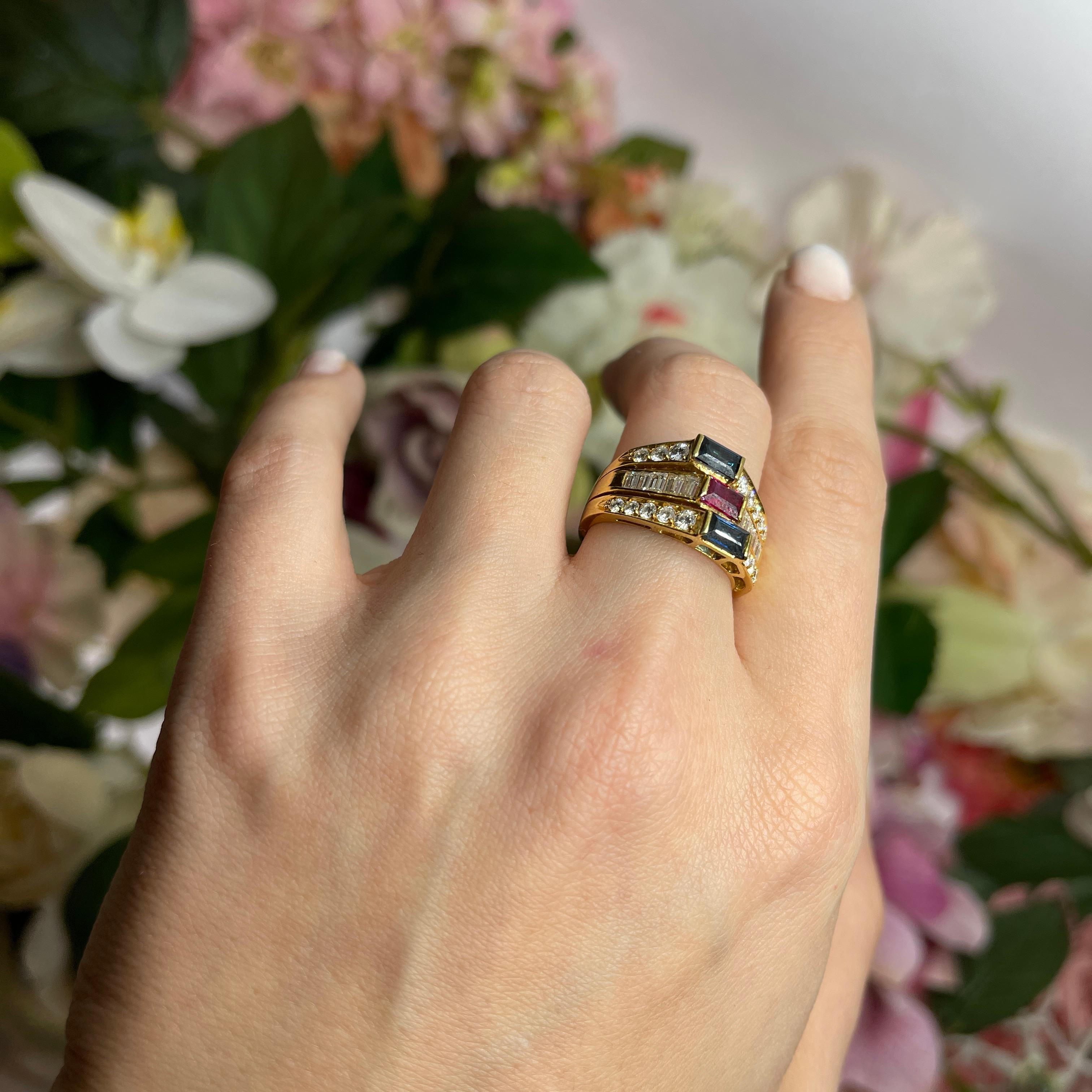 18kt Yellow Gold Band Ring with Ruby, Sapphires, and Diamond Pavé For Sale 4