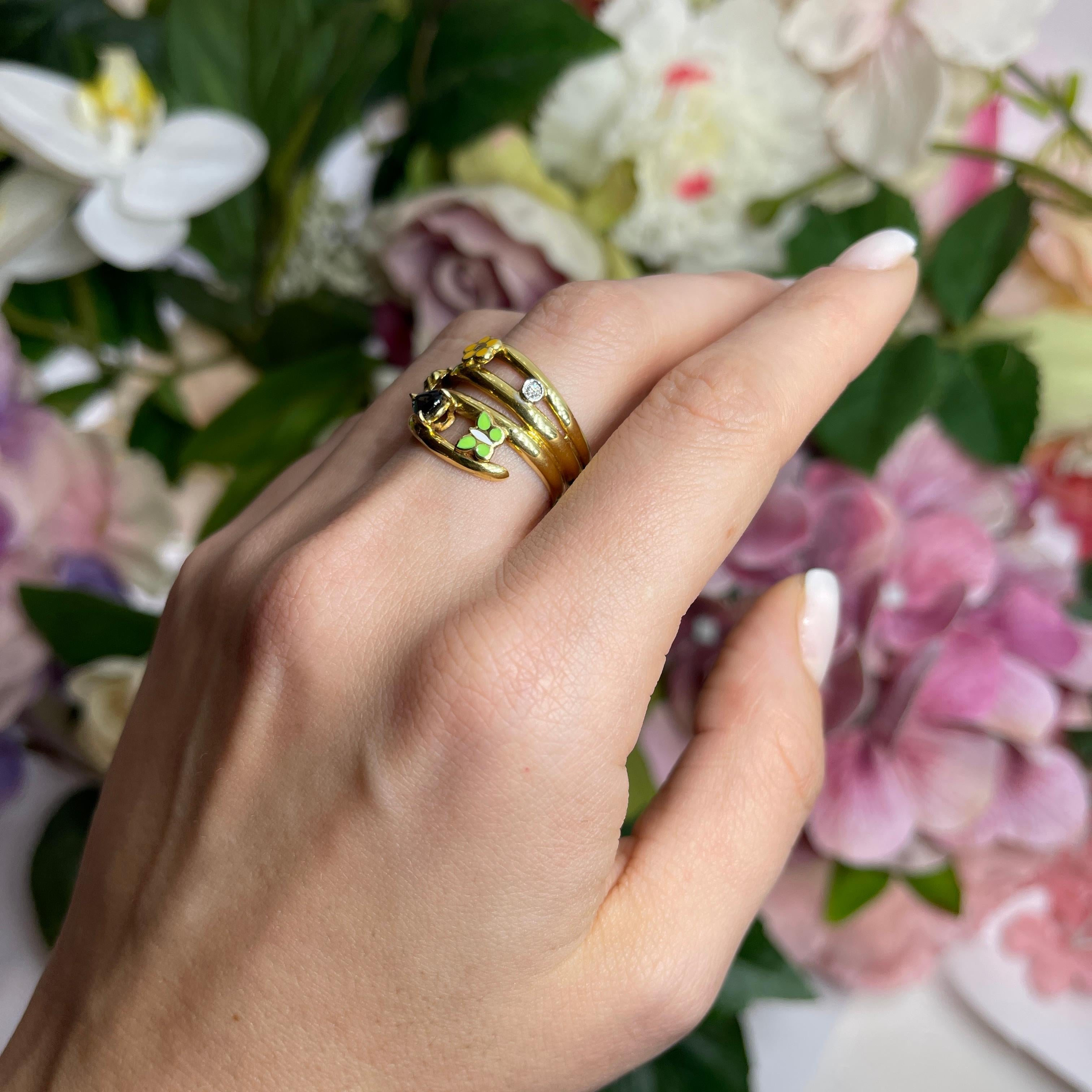 18kt Yellow Gold Band Ring with Sapphire, Enamel Butterfly, Ladybug, and Flower For Sale 5