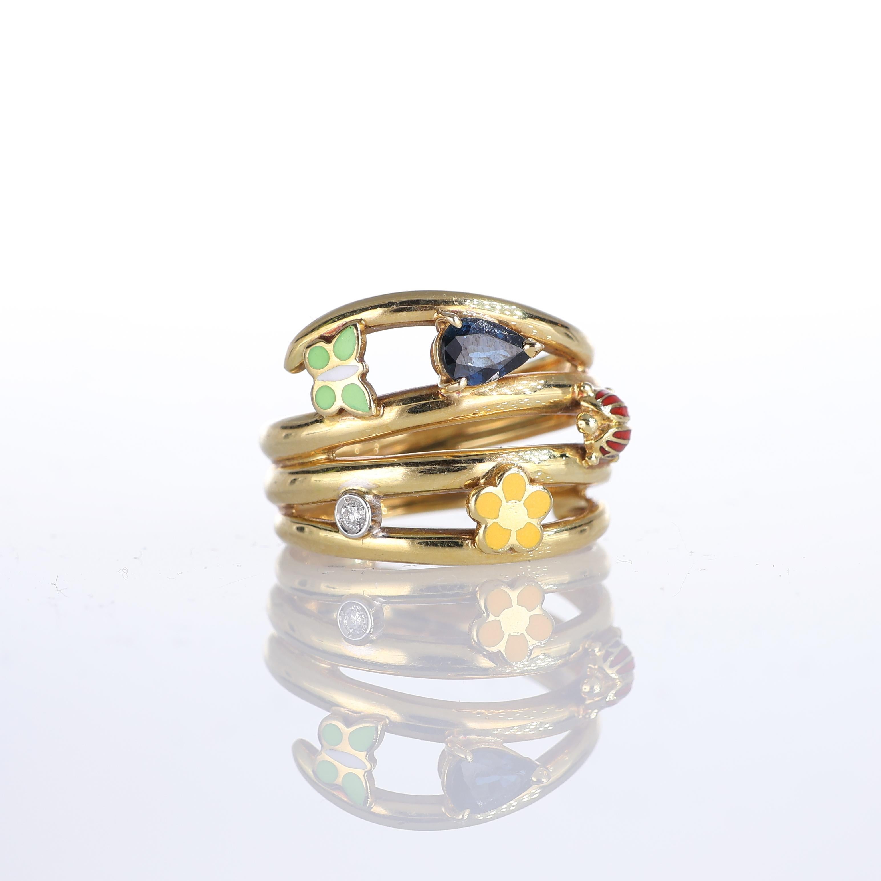 IMPORTANT NOTE:
✔ No additional costs will be added to this order.
✔ Shipping and customs duties are fully covered by us.
--------------------
A delightful 18kt yellow gold band ring that showcases playful motifs including a pear-shaped sapphire, a