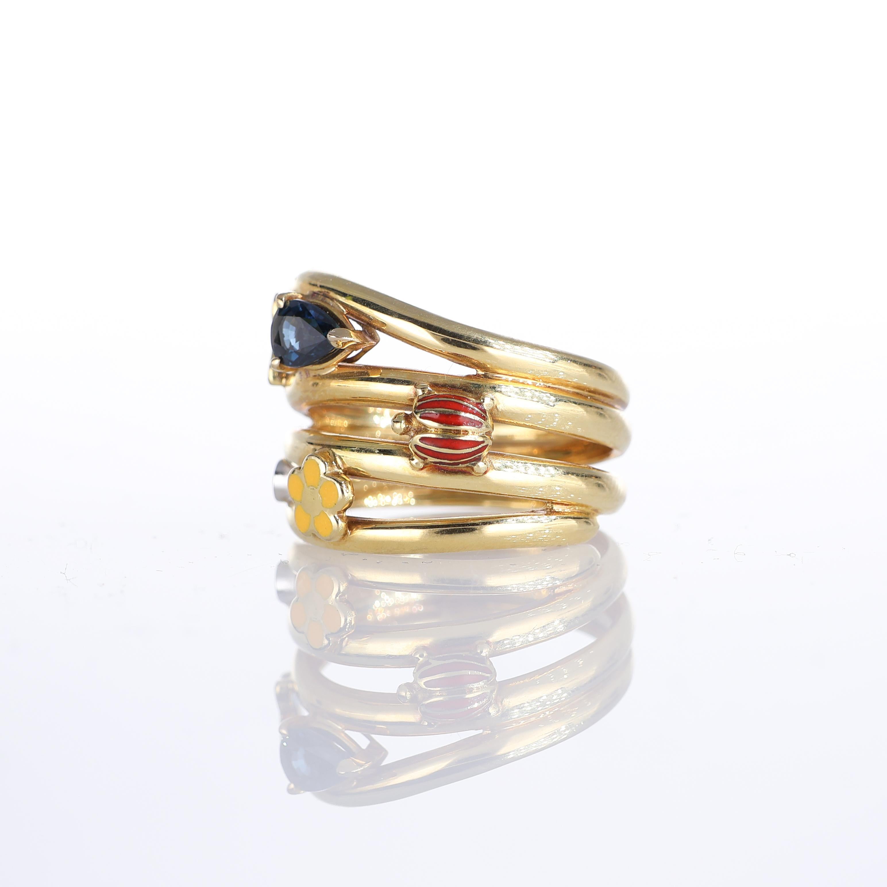 Oval Cut 18kt Yellow Gold Band Ring with Sapphire, Enamel Butterfly, Ladybug, and Flower For Sale