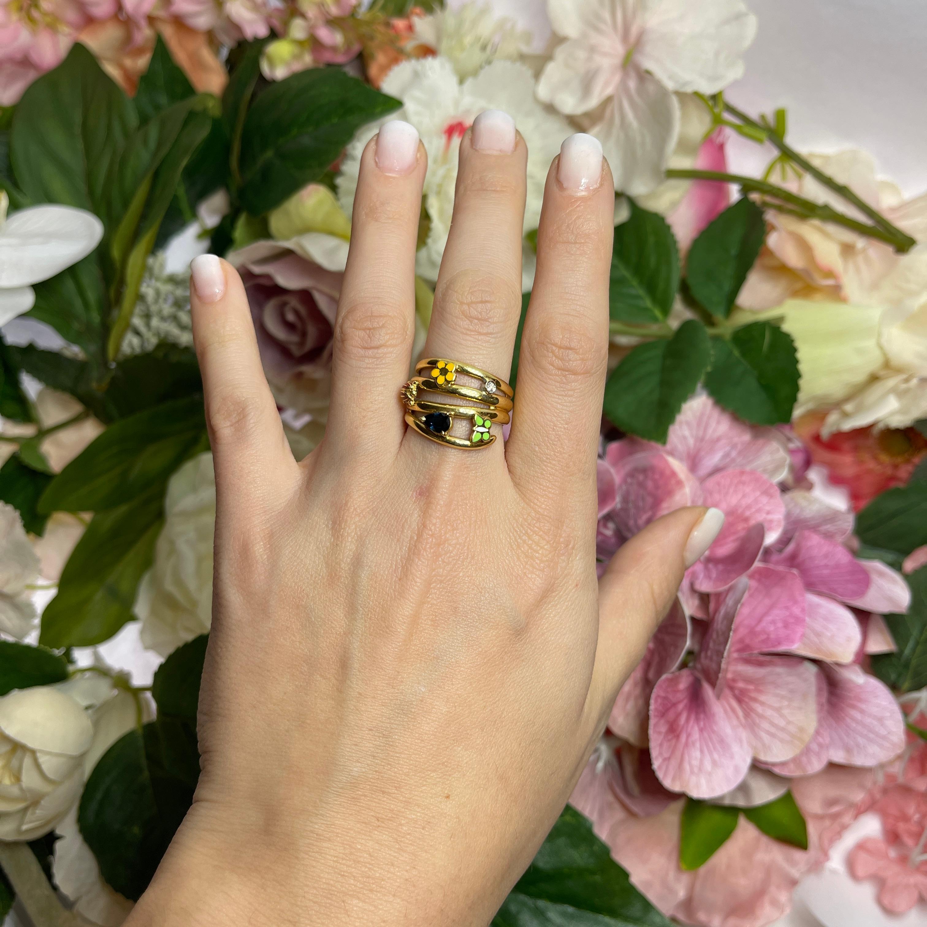 18kt Yellow Gold Band Ring with Sapphire, Enamel Butterfly, Ladybug, and Flower For Sale 1