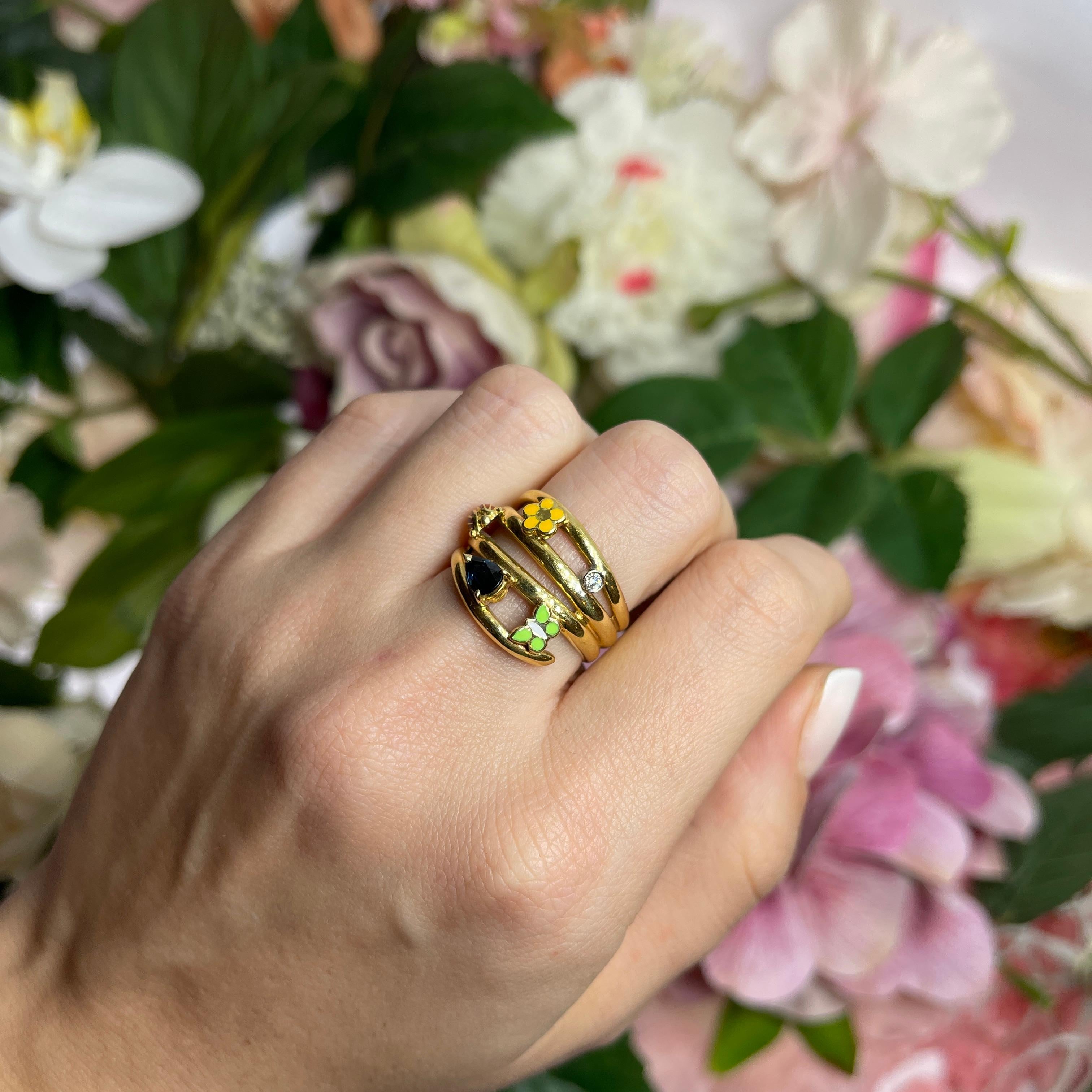 18kt Yellow Gold Band Ring with Sapphire, Enamel Butterfly, Ladybug, and Flower For Sale 2