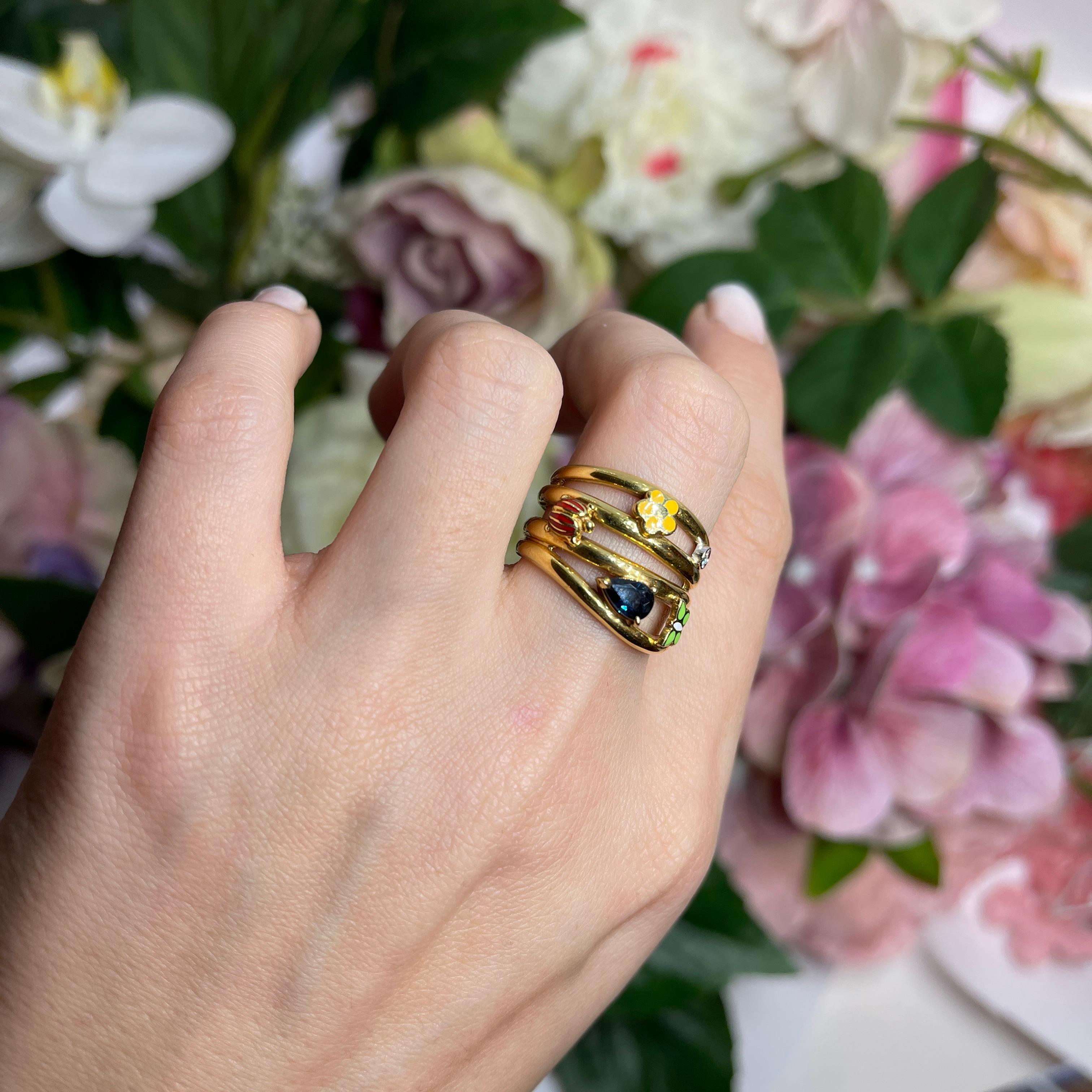 18kt Yellow Gold Band Ring with Sapphire, Enamel Butterfly, Ladybug, and Flower For Sale 3