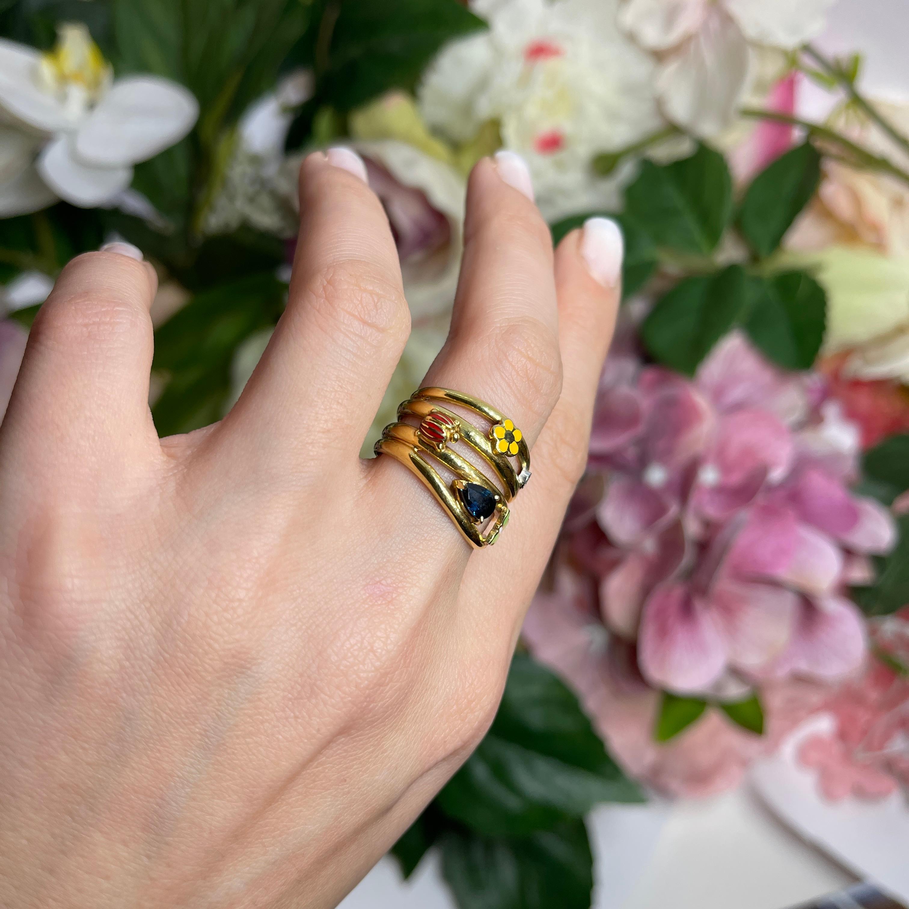18kt Yellow Gold Band Ring with Sapphire, Enamel Butterfly, Ladybug, and Flower For Sale 4