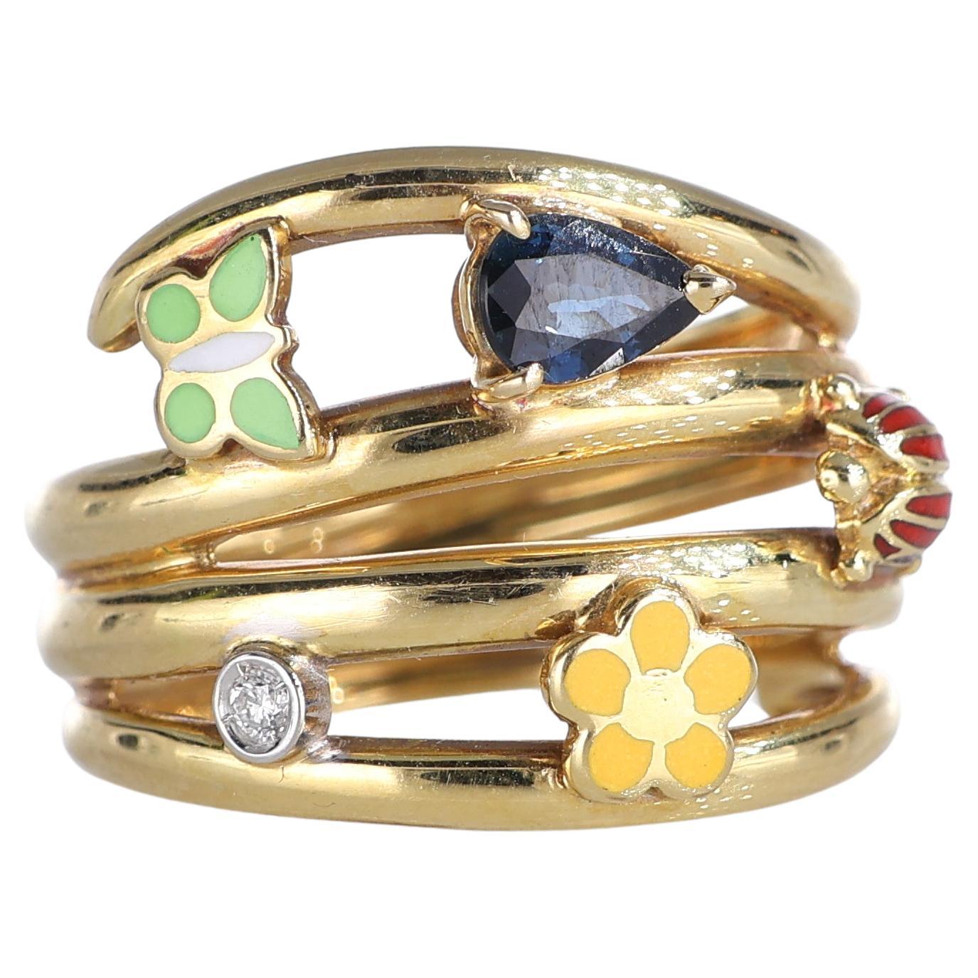 18kt Yellow Gold Band Ring with Sapphire, Enamel Butterfly, Ladybug, and Flower For Sale
