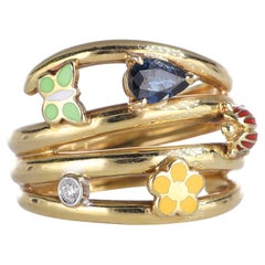 Vintage 18kt Yellow Gold Band Ring with Sapphire, Enamel Butterfly, Ladybug, and Flower