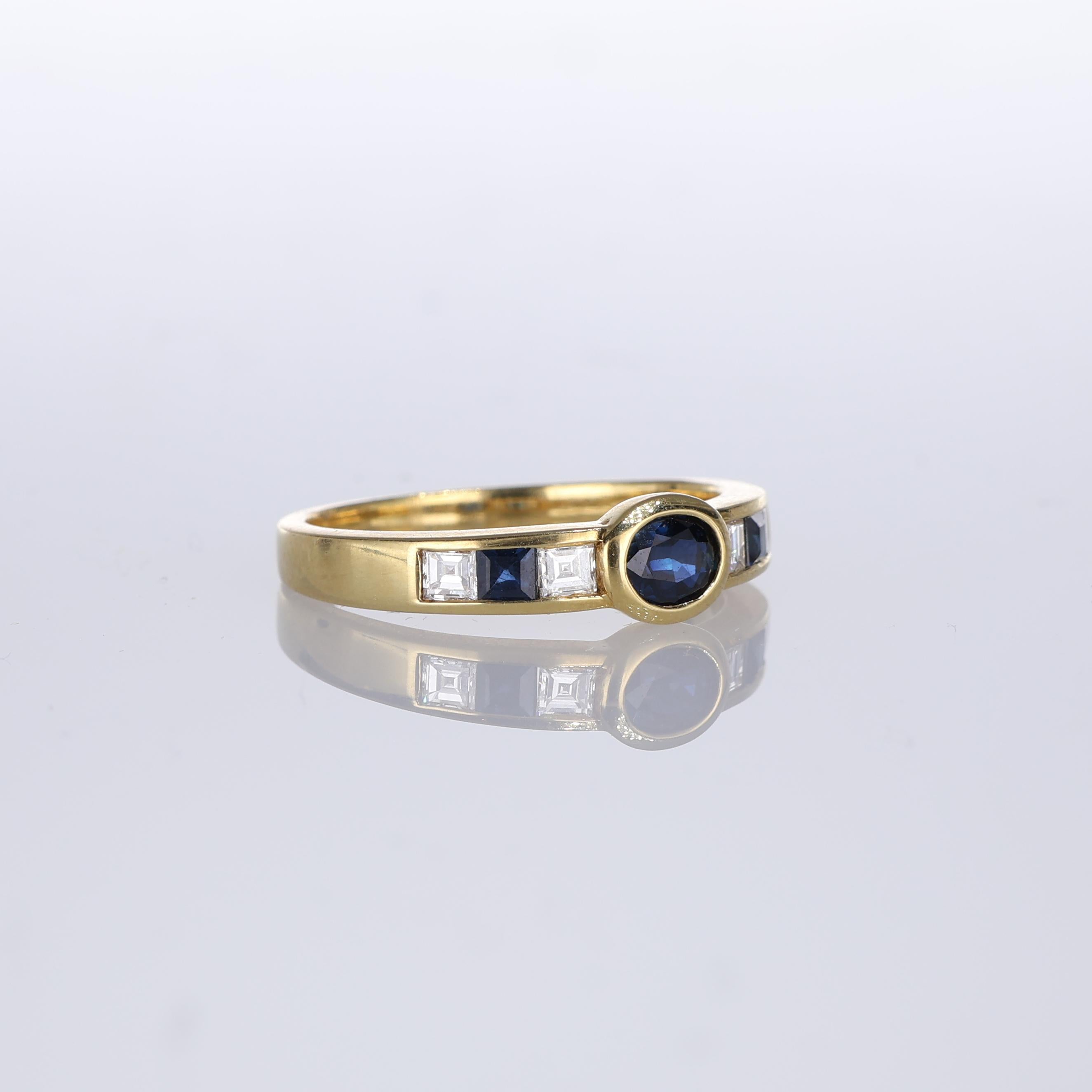 Brilliant Cut 18kt Yellow Gold Band Ring with Sapphires and Diamonds For Sale