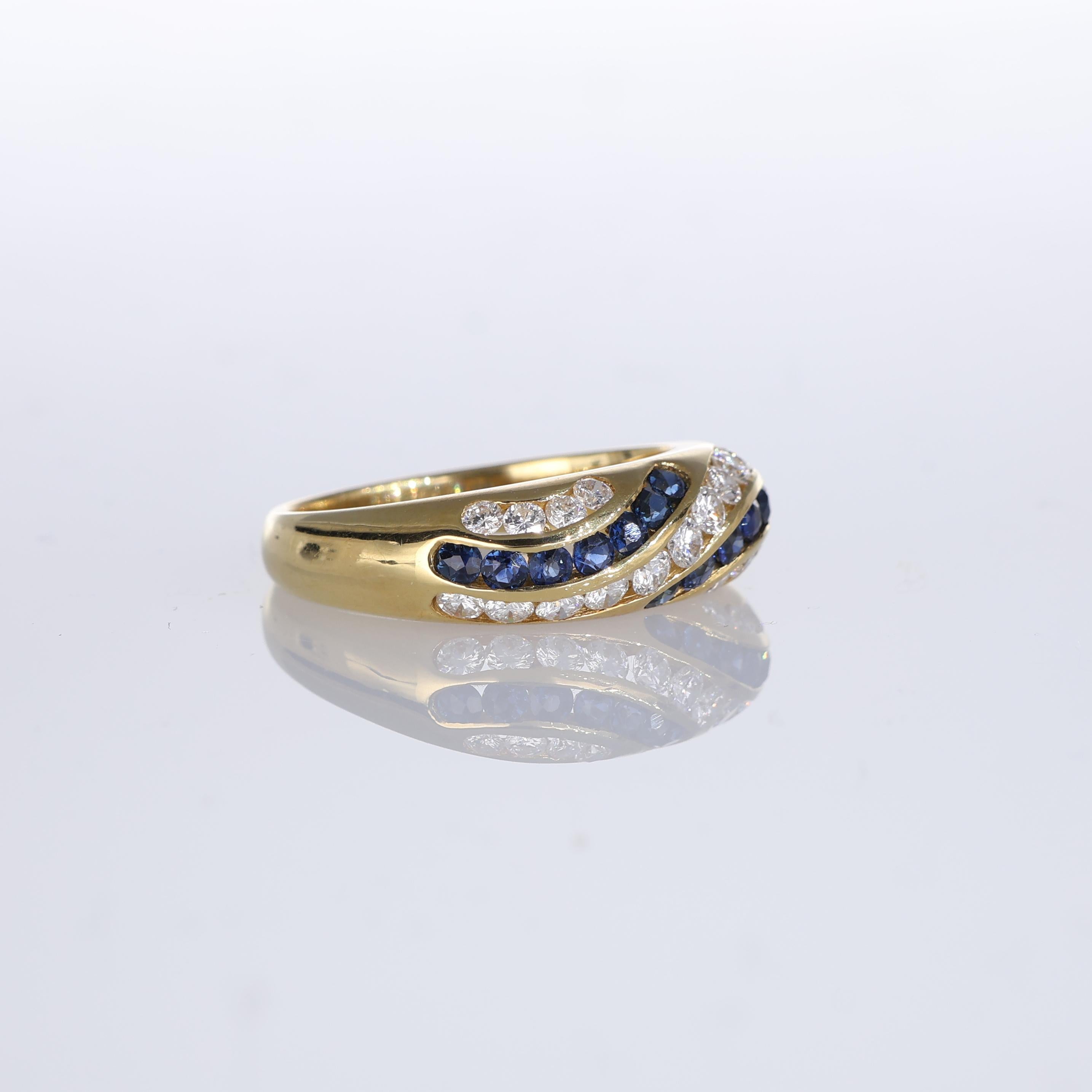 Brilliant Cut 18kt Yellow Gold Band Ring with Sapphires and Diamonds For Sale
