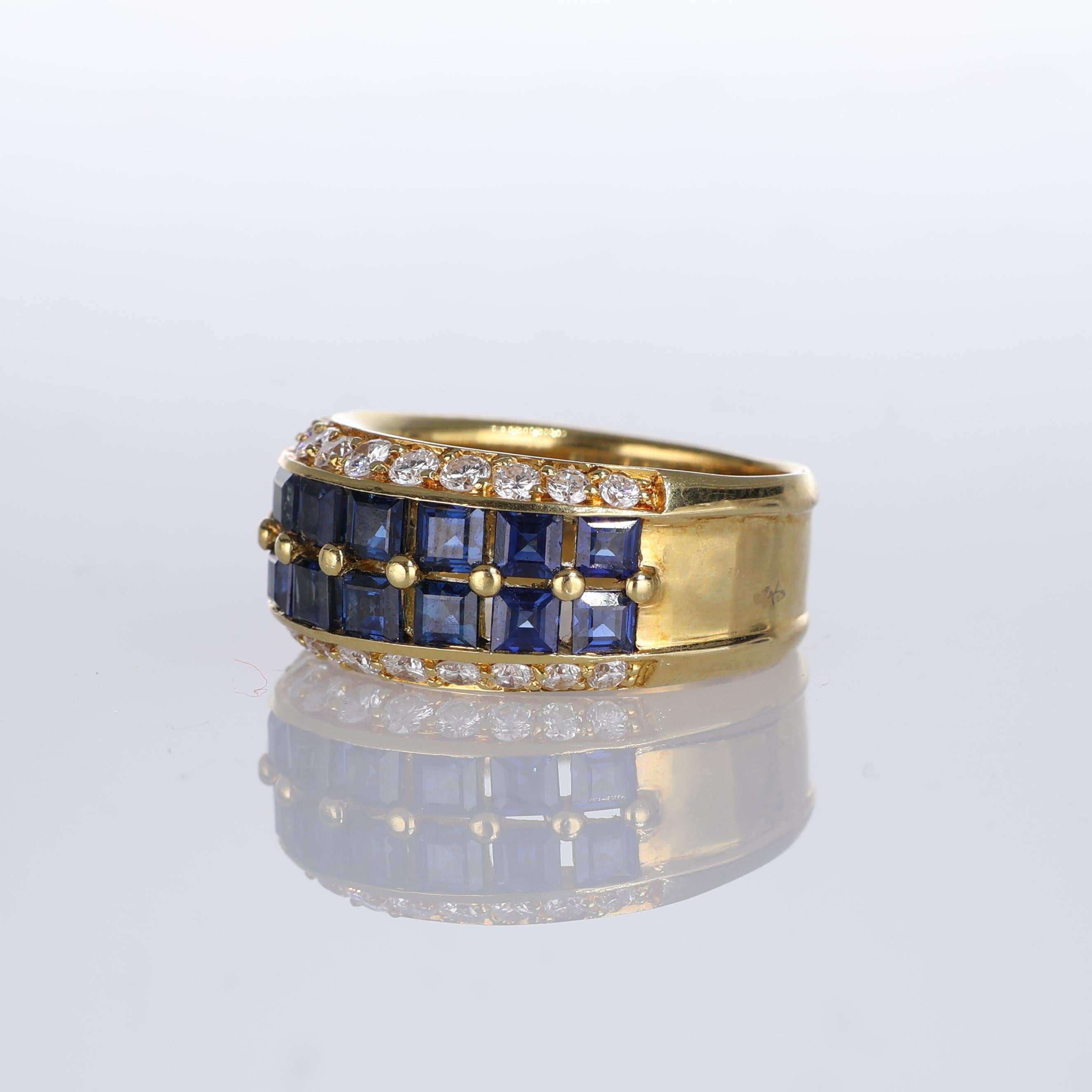 Brilliant Cut 18kt Yellow Gold Band Ring with Square Sapphires and Diamonds For Sale