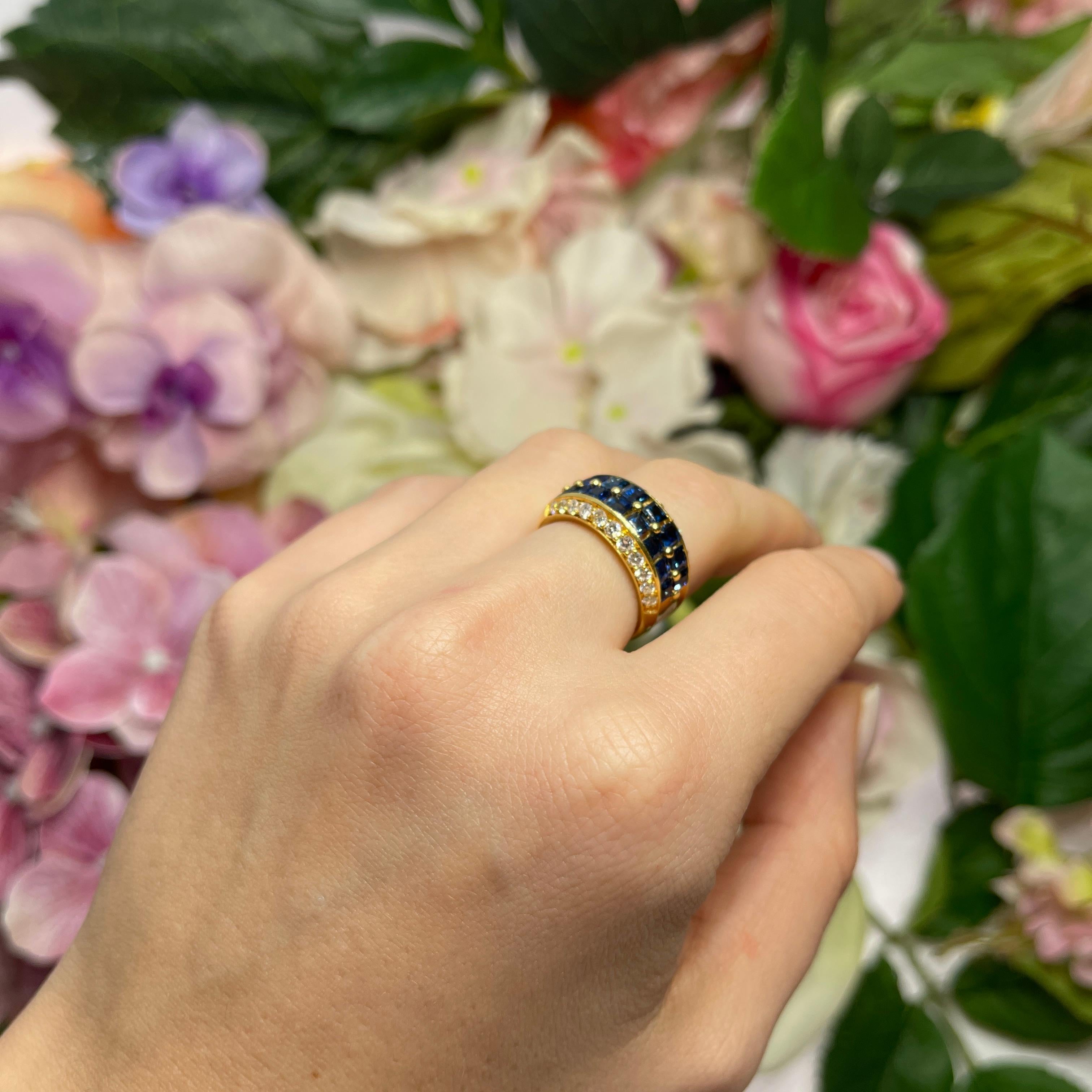 18kt Yellow Gold Band Ring with Square Sapphires and Diamonds For Sale 1