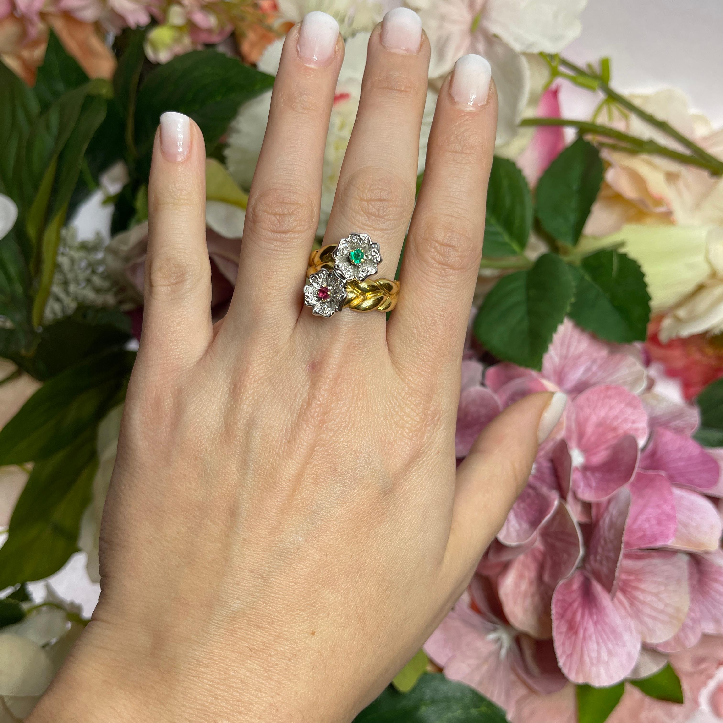 18kt Yellow Gold Band Ring with Tourmaline Flowers and Diamonds For Sale 1
