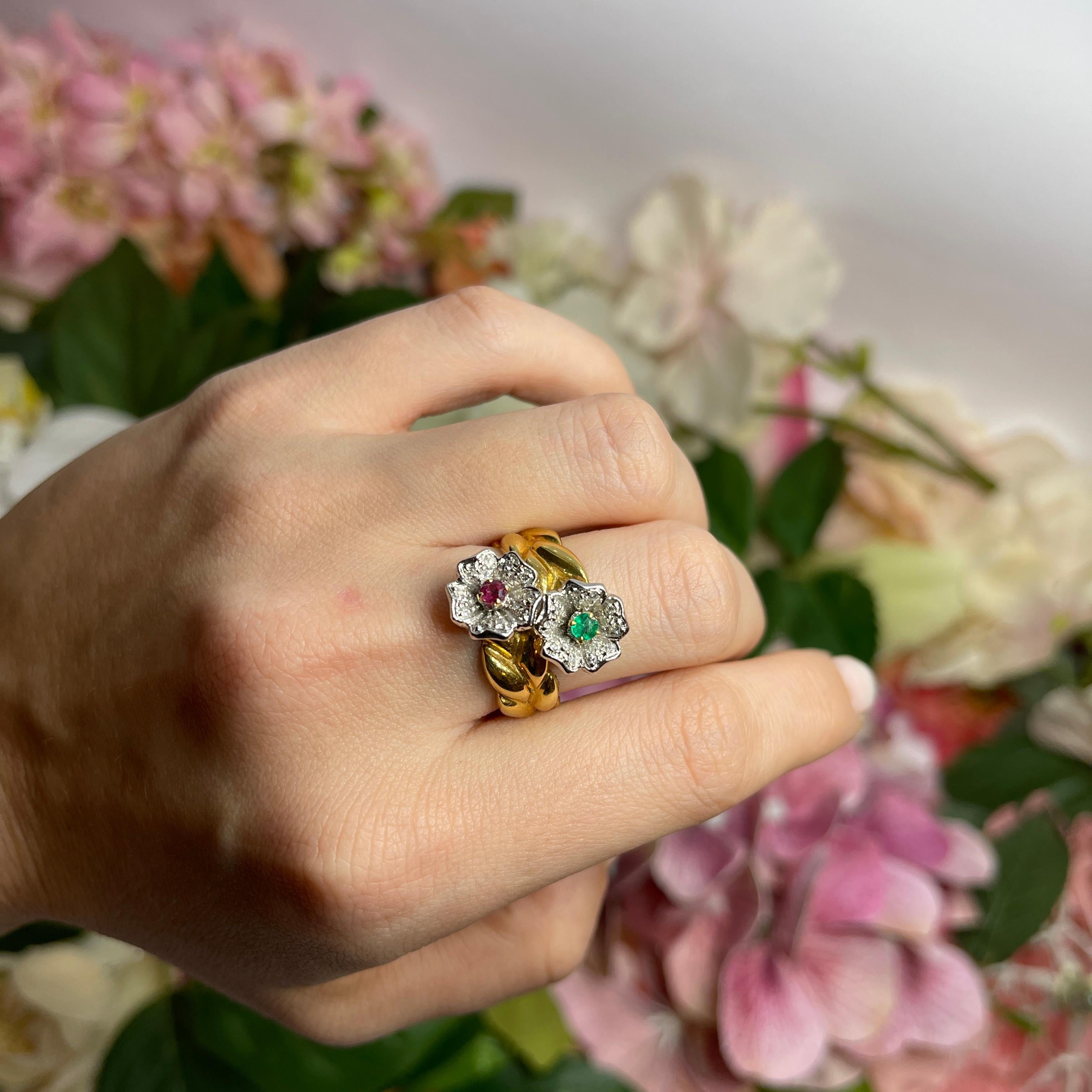 18kt Yellow Gold Band Ring with Tourmaline Flowers and Diamonds For Sale 3
