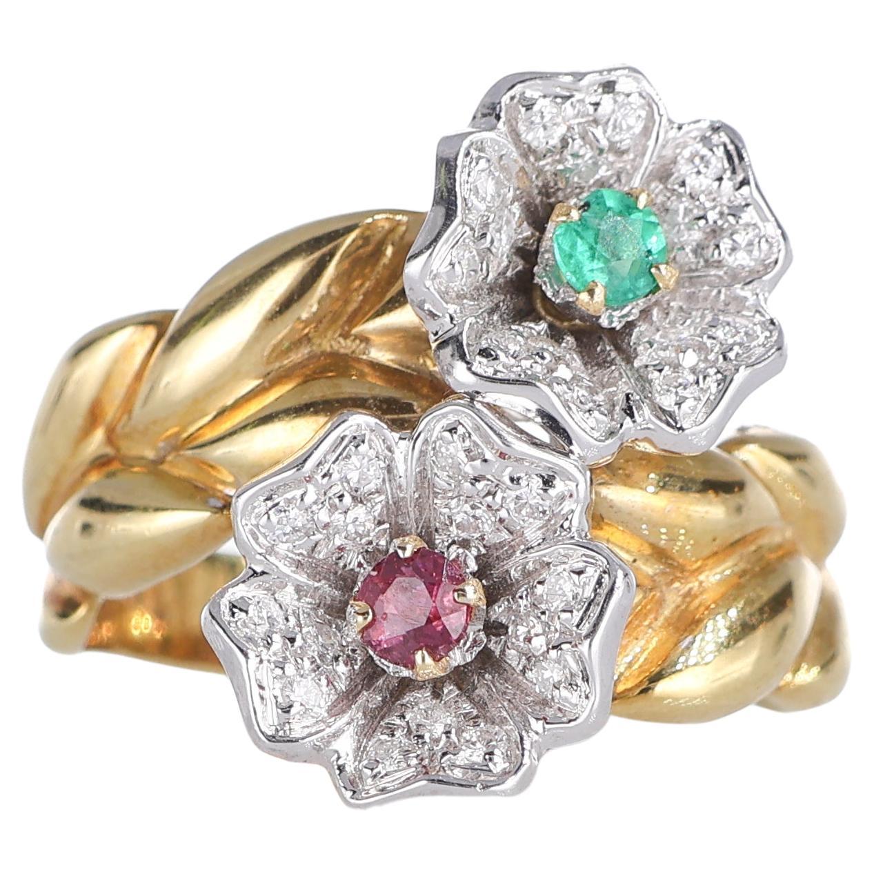 Anillo de oro amarillo de 18 quilates con flores de turmalina y diamantes