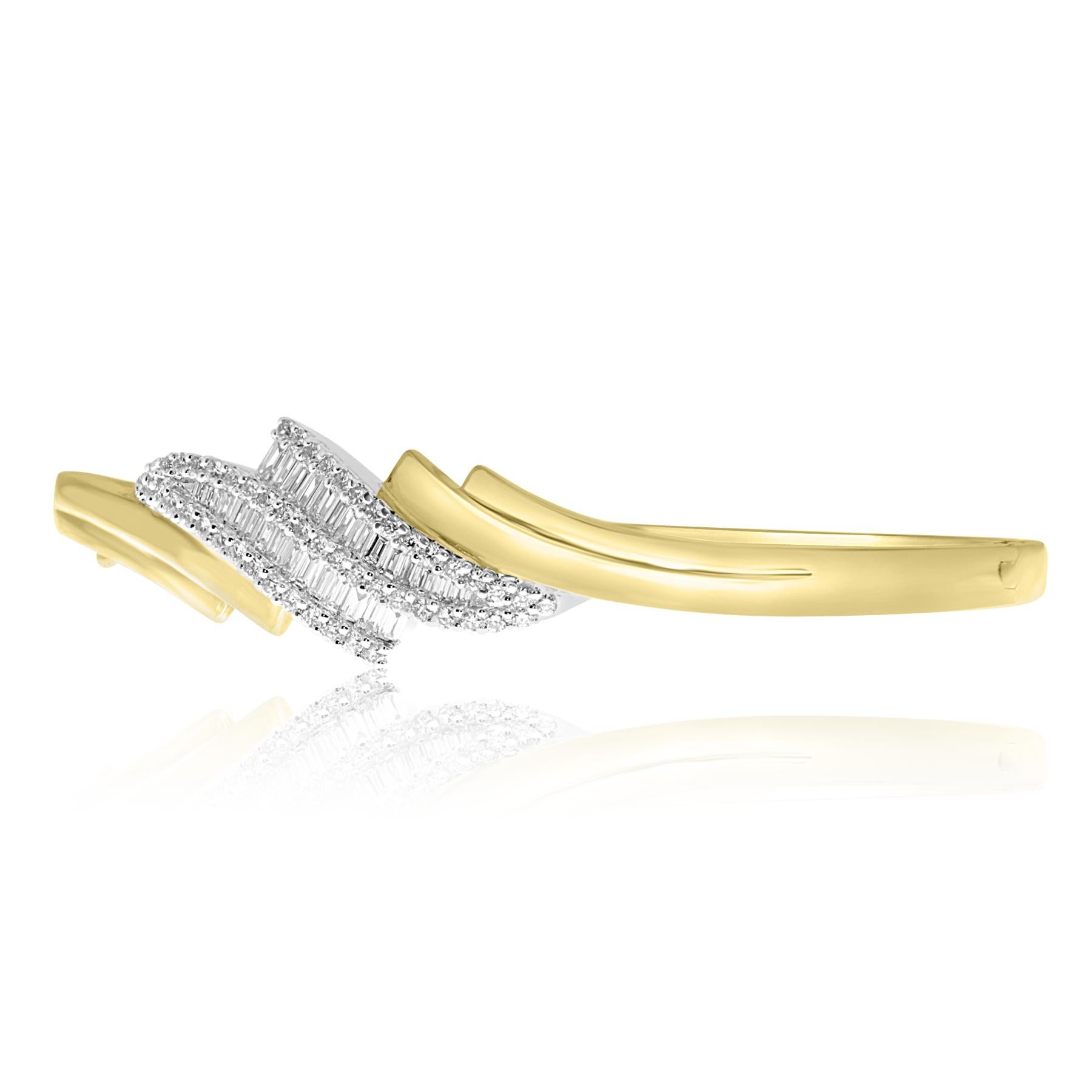 gorgeous bangle style 18kt yellow gold bracelet, set with beautiful brilliant and baguette cut diamonds of 1.25ct in total.
a bracelet that you can use to dress up or dress down, as you know secure fit promises carefree wear
and that is why we've