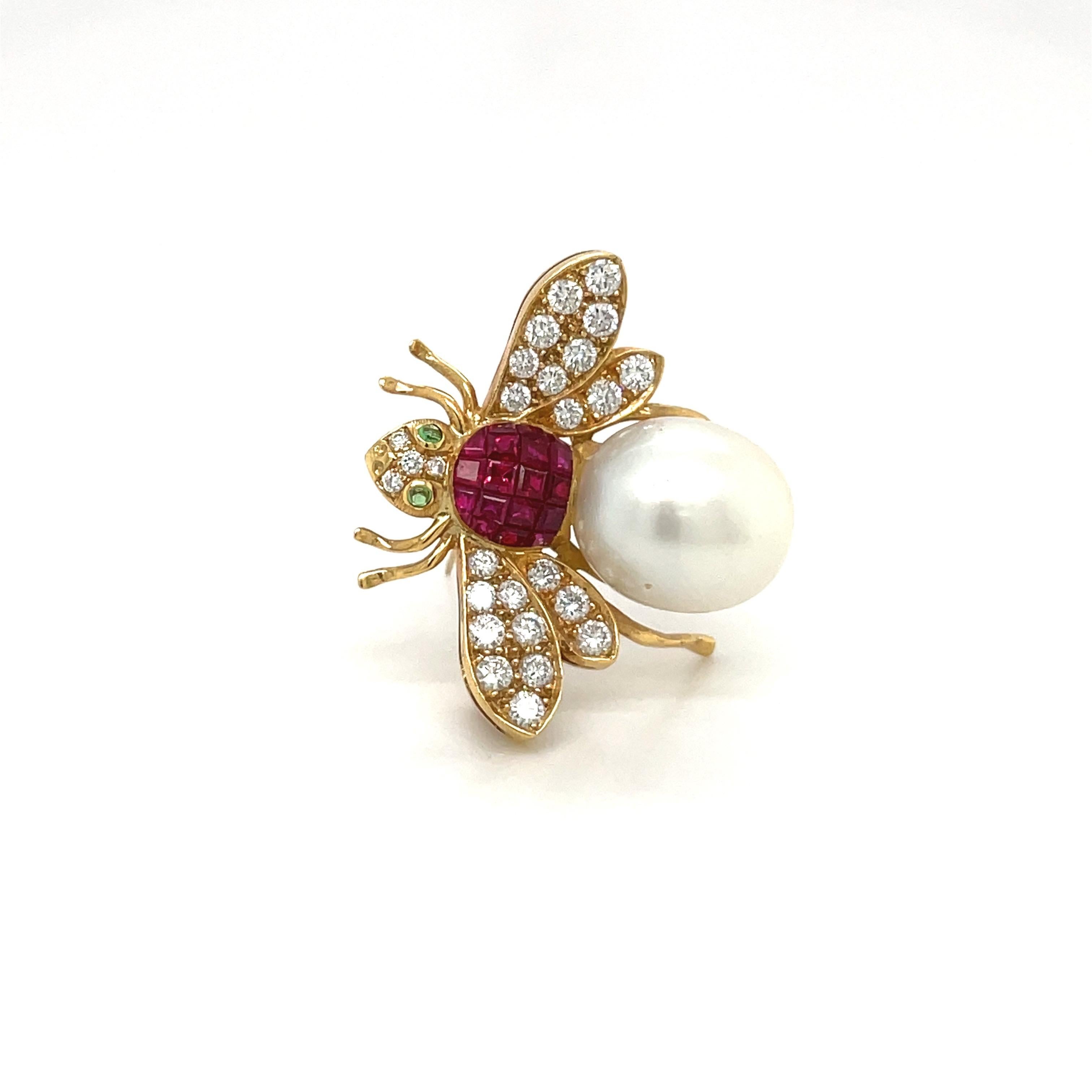 Contemporary 18KT Gold Bee Brooch with Diamond .94 Carat Ruby 1.67 Carat and South Sea Pearl For Sale