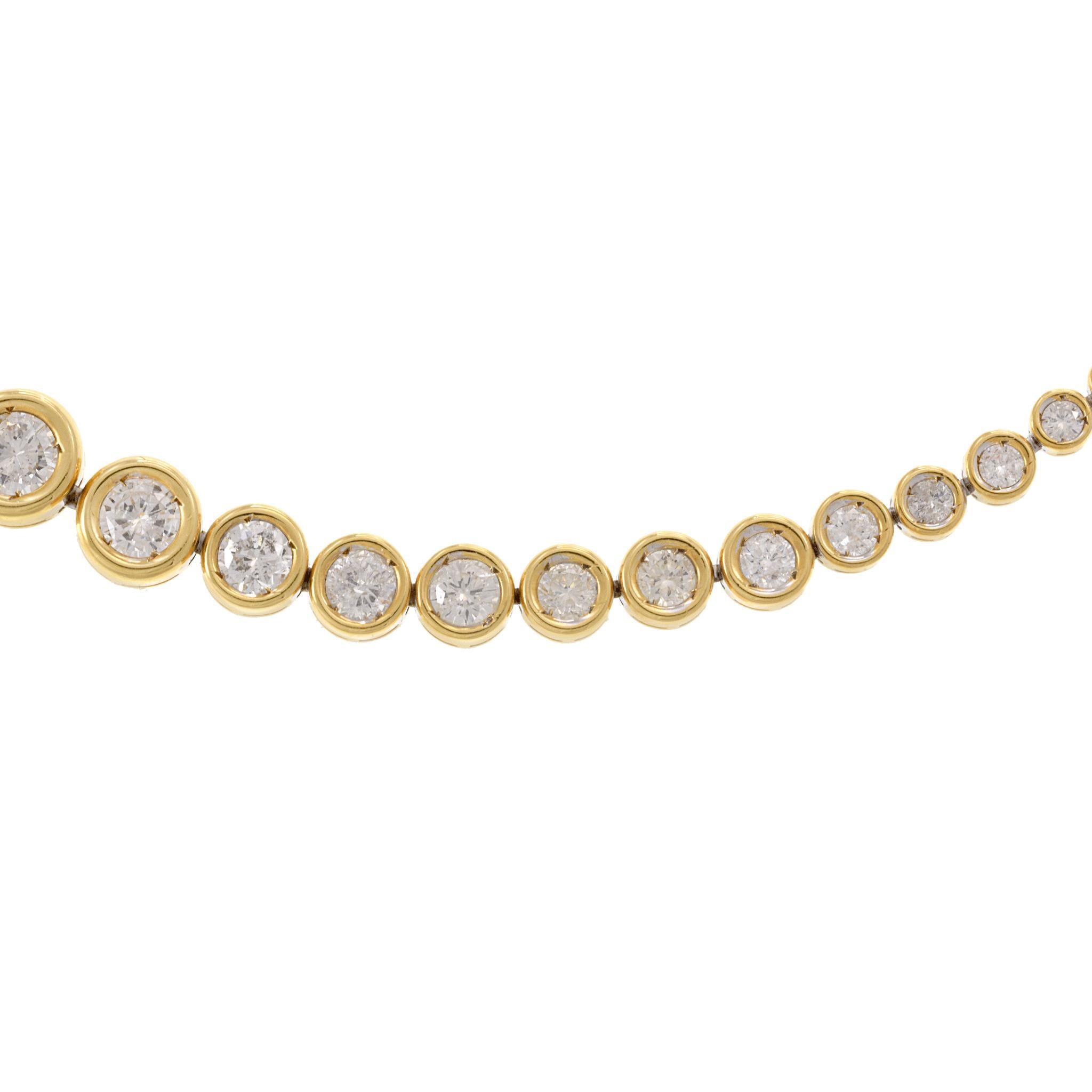 Round Cut 18KT Yellow Gold Bezel Set Graduated Diamond Tennis Necklace For Sale