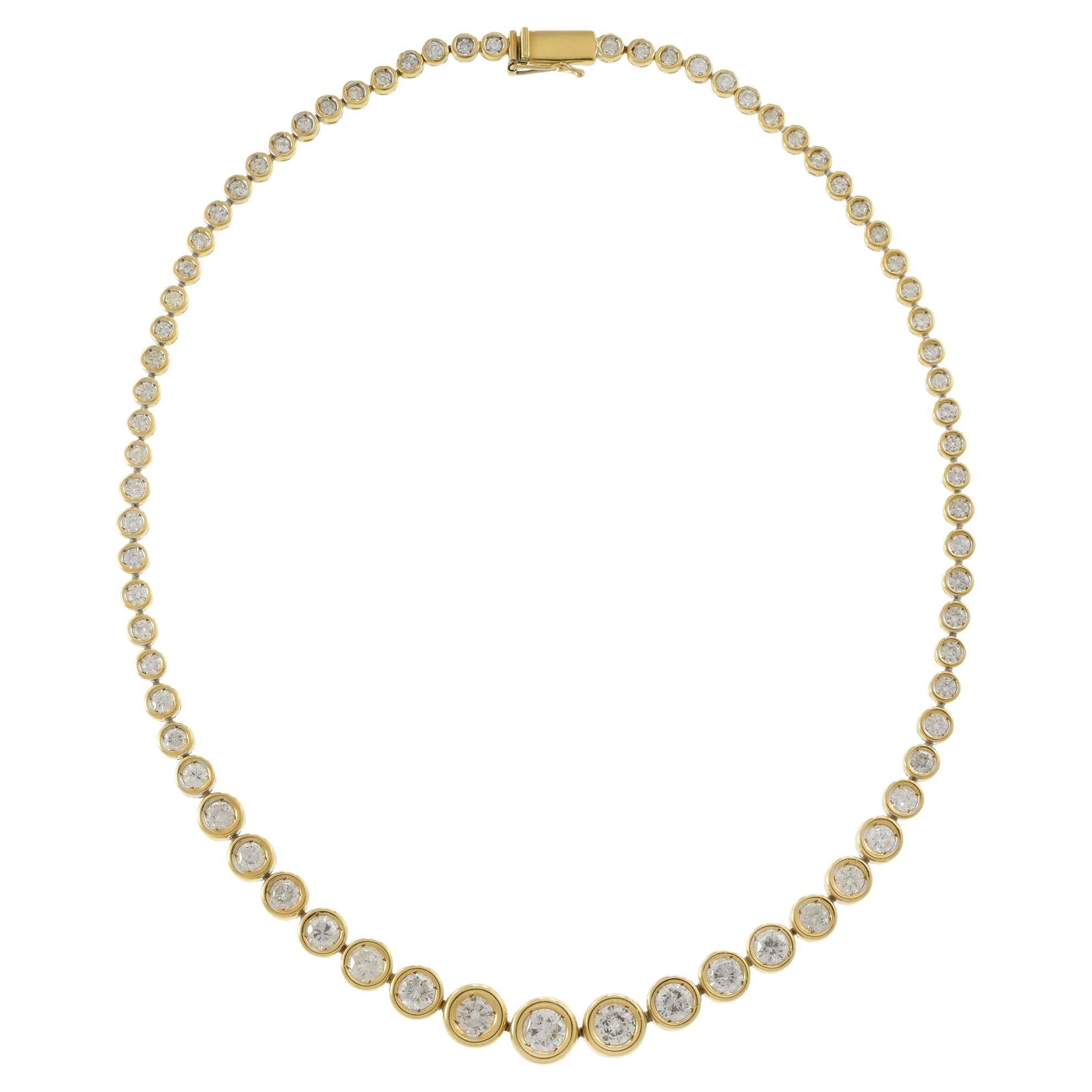 18KT Yellow Gold Bezel Set Graduated Diamond Tennis Necklace For Sale