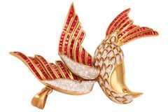 18kt Yellow Gold Bird of Paradise Brooch / Pendant with Diamonds and Ruby