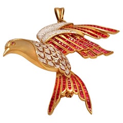 Vintage 18kt Yellow Gold Bird of Paradise Brooch / Pendant with Diamonds and Ruby