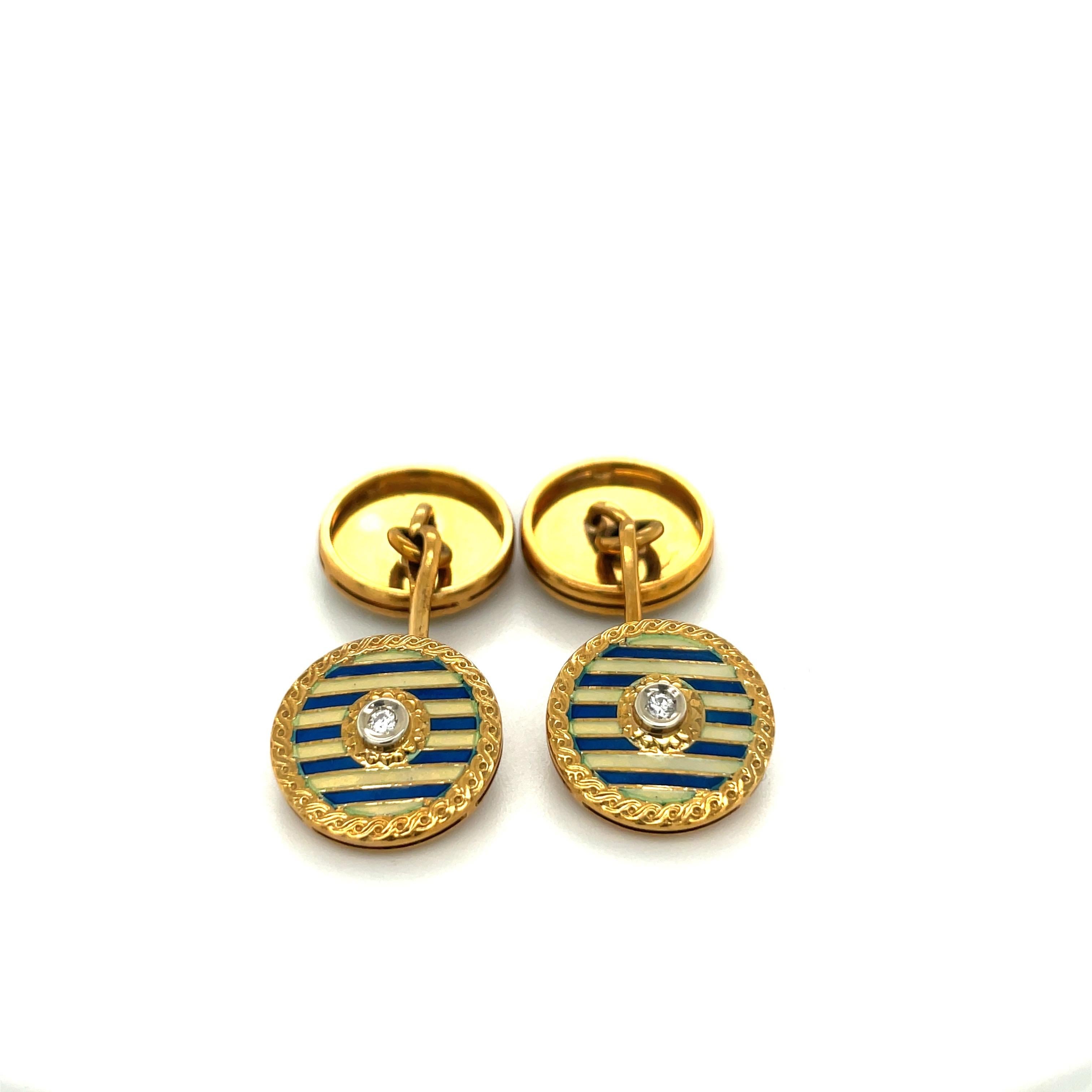 18KT Yellow Gold Blue & Cream Enamel .10CT Diamond Cuff Links In New Condition For Sale In New York, NY