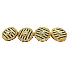 18KT Gelbgold Blau & Creme Emaille .10CT Diamant Manschettenknöpfe mit Manschettenknöpfen
