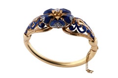 18 Karat Yellow Gold, Blue Enamel and Diamond Bangle