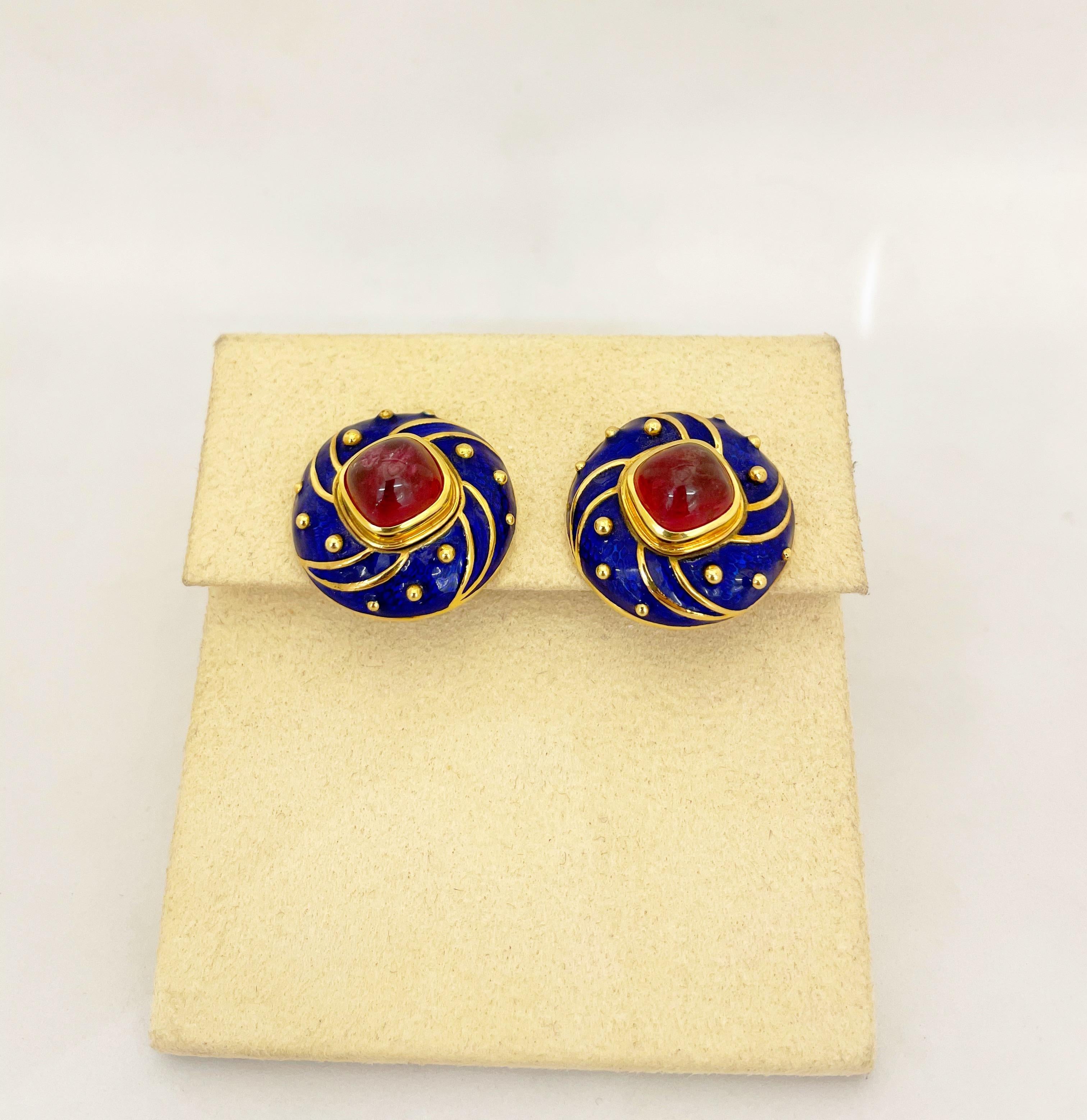 Contemporary 18 Karat Yellow Gold Blue Enamel Earrings with Cabochon Pink Tourmaline Centers