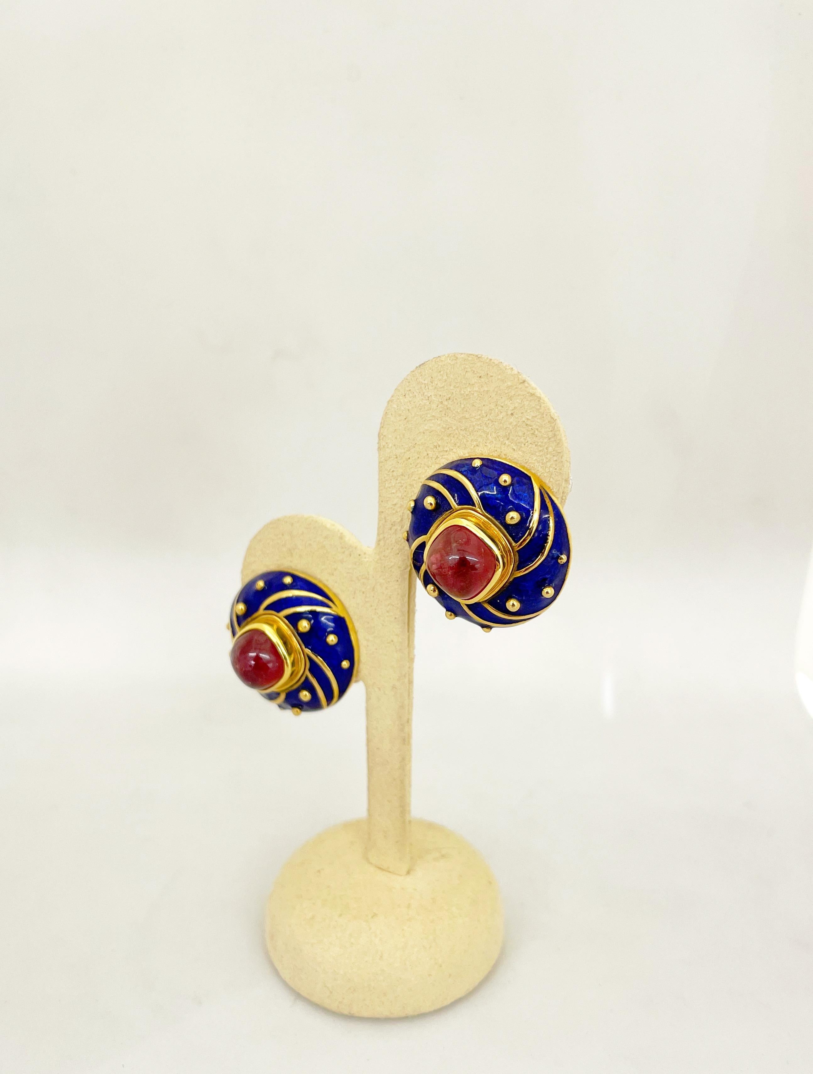 Women's or Men's 18 Karat Yellow Gold Blue Enamel Earrings with Cabochon Pink Tourmaline Centers