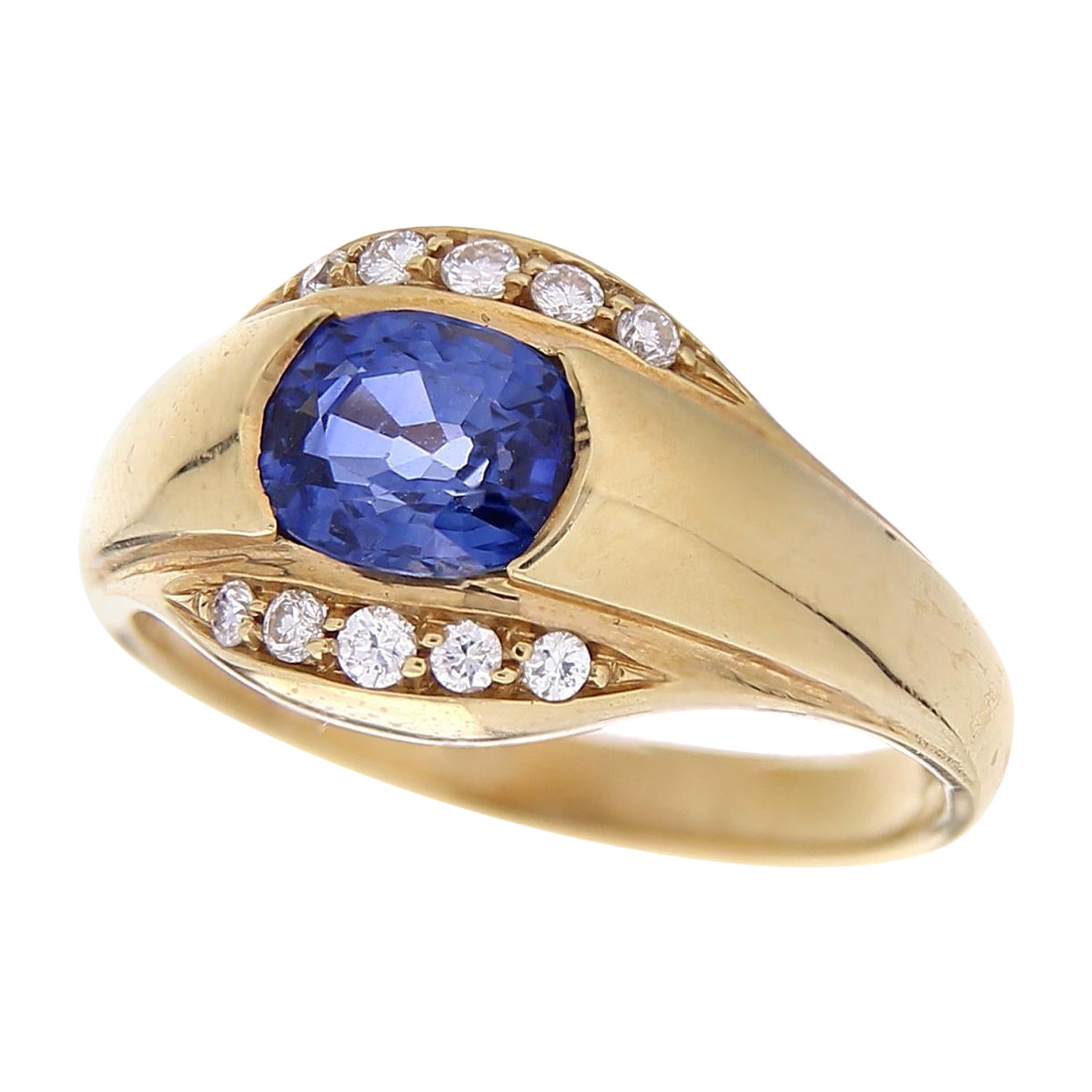 18 Karat Gelbgold Blauer Saphir 1,36 Karat weiße Diamanten 0,20 Karat im Angebot