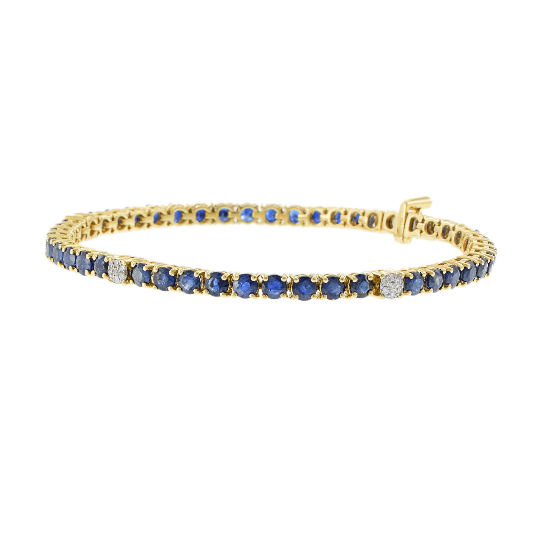 Round Cut 18KT Yellow Gold Blue Sapphire and Diamond Bracelet For Sale