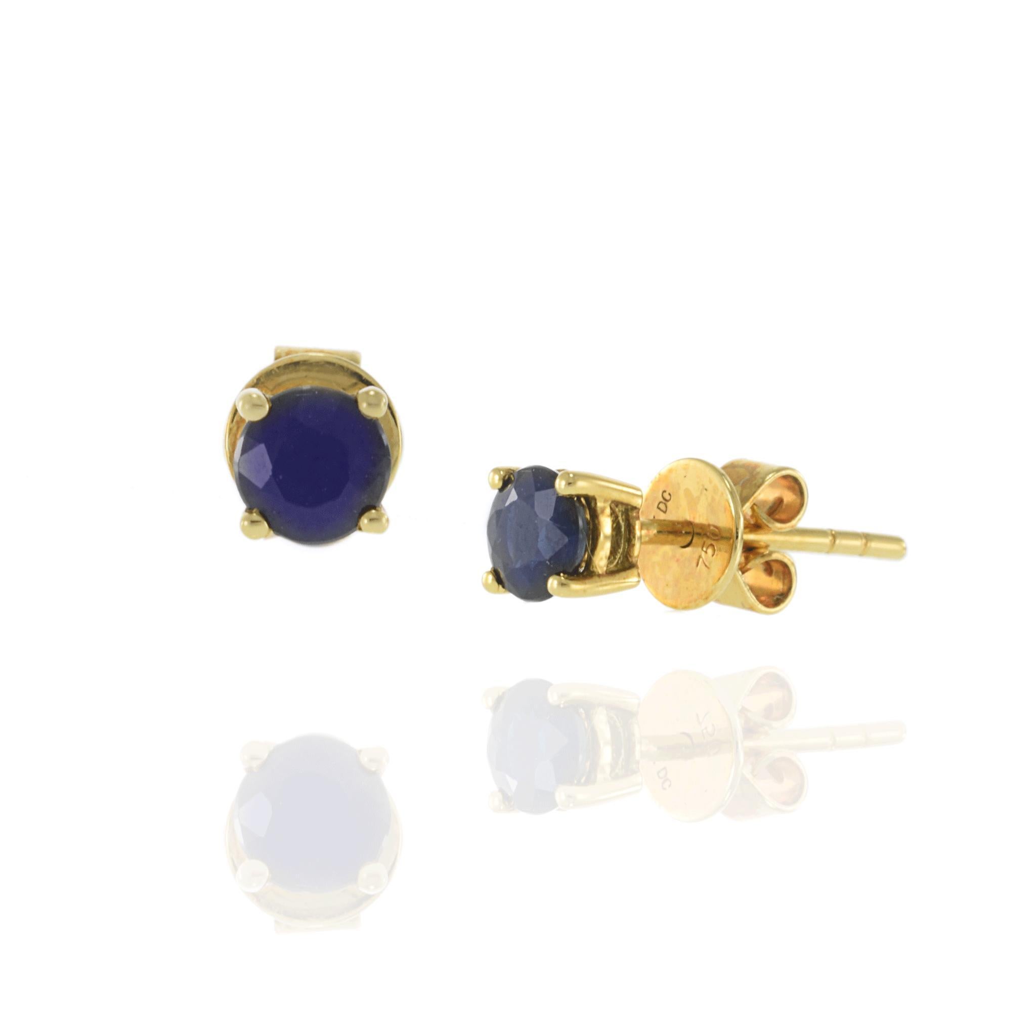 Round Cut 18KT Yellow Gold Blue Sapphire Stud Earrings