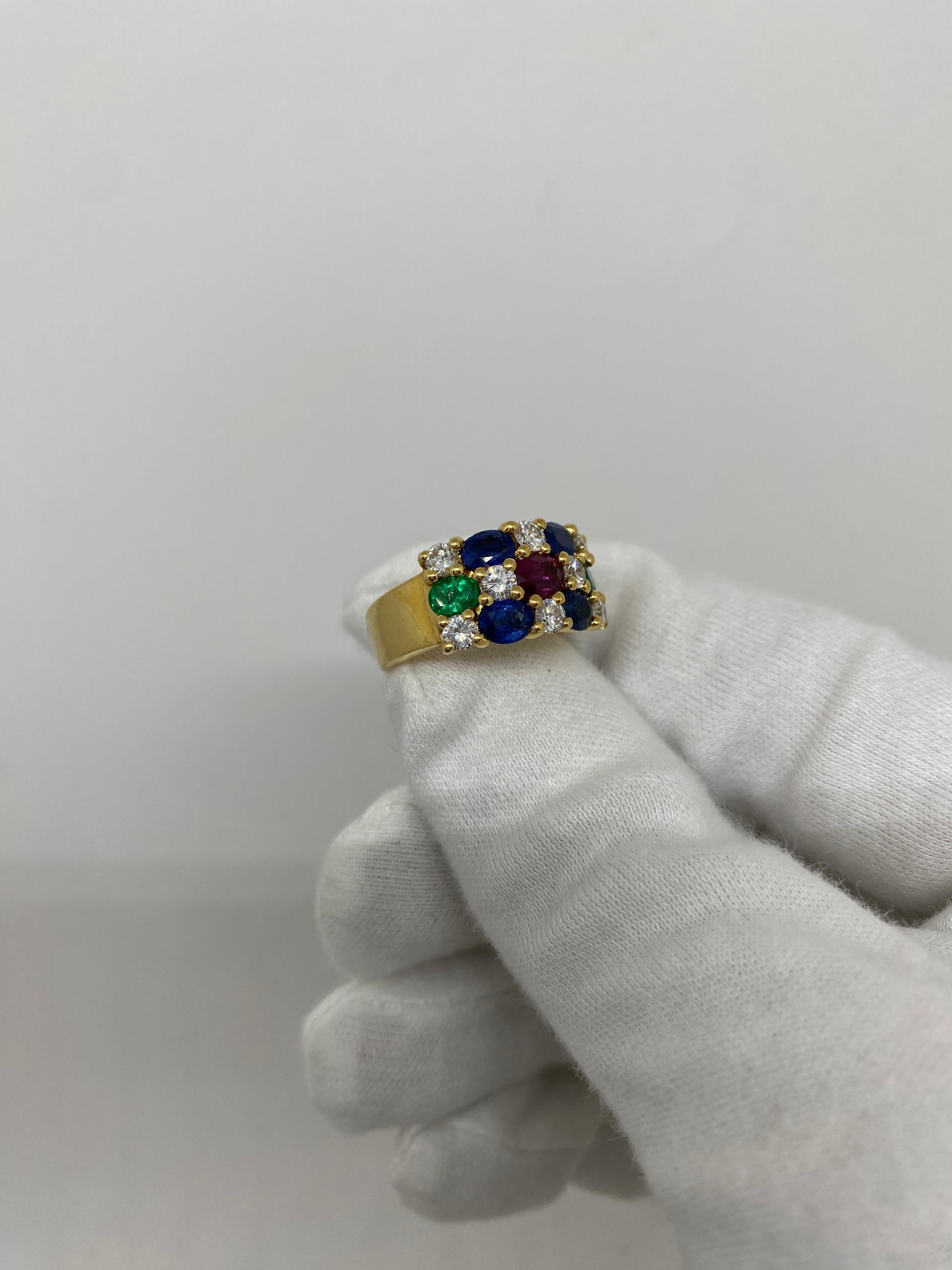 18Kt Yellow Gold Blue Sapphires, Rubies and Emeralds 2.98 ct White Diamonds 0.50 In Excellent Condition For Sale In Bergamo, BG