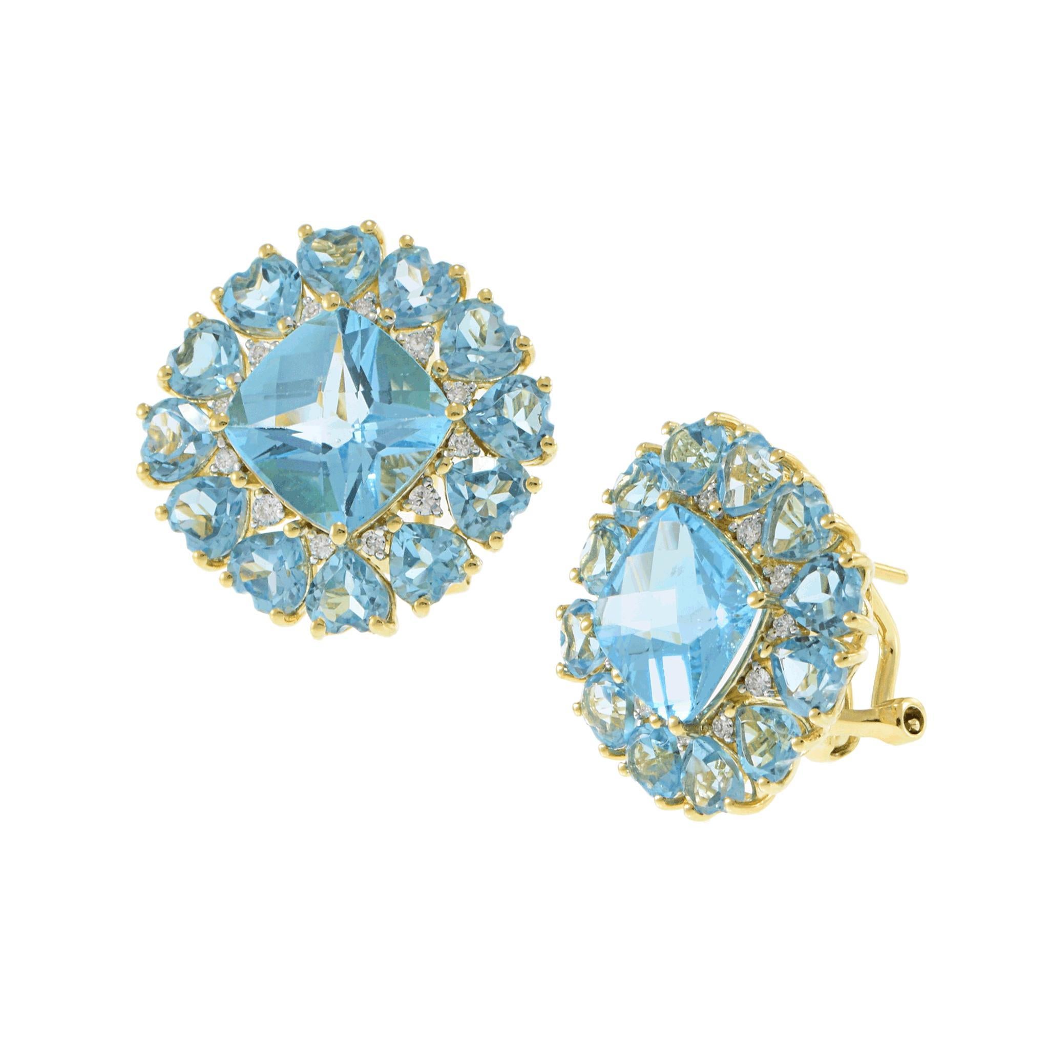 Boucles d'oreilles de forme carrée en or jaune 18KT, serties d'un total de 13.49CT-TW de topazes bleues en forme de coussin et de cœur. Accentué par des diamants ronds de 0,22CT-TW pour plus de brillance.

Spécifications :
Métal : or jaune
