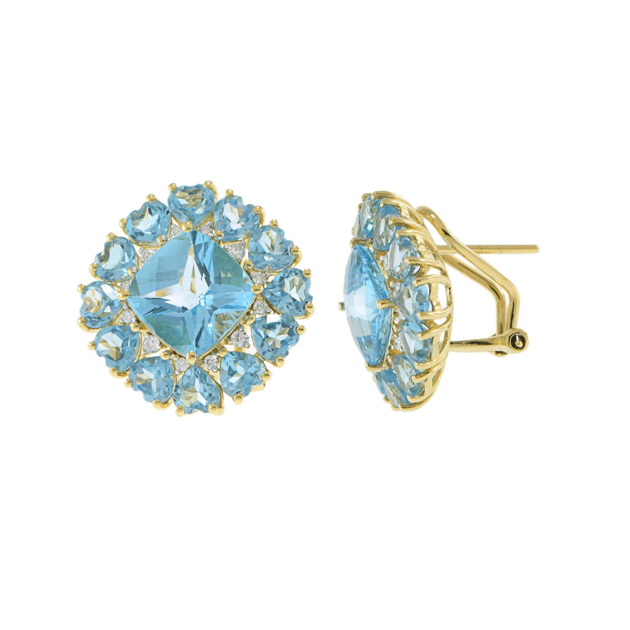 Taille coussin Boucles d'oreilles carrées en or jaune 18KT avec topaze bleue et diamant en vente