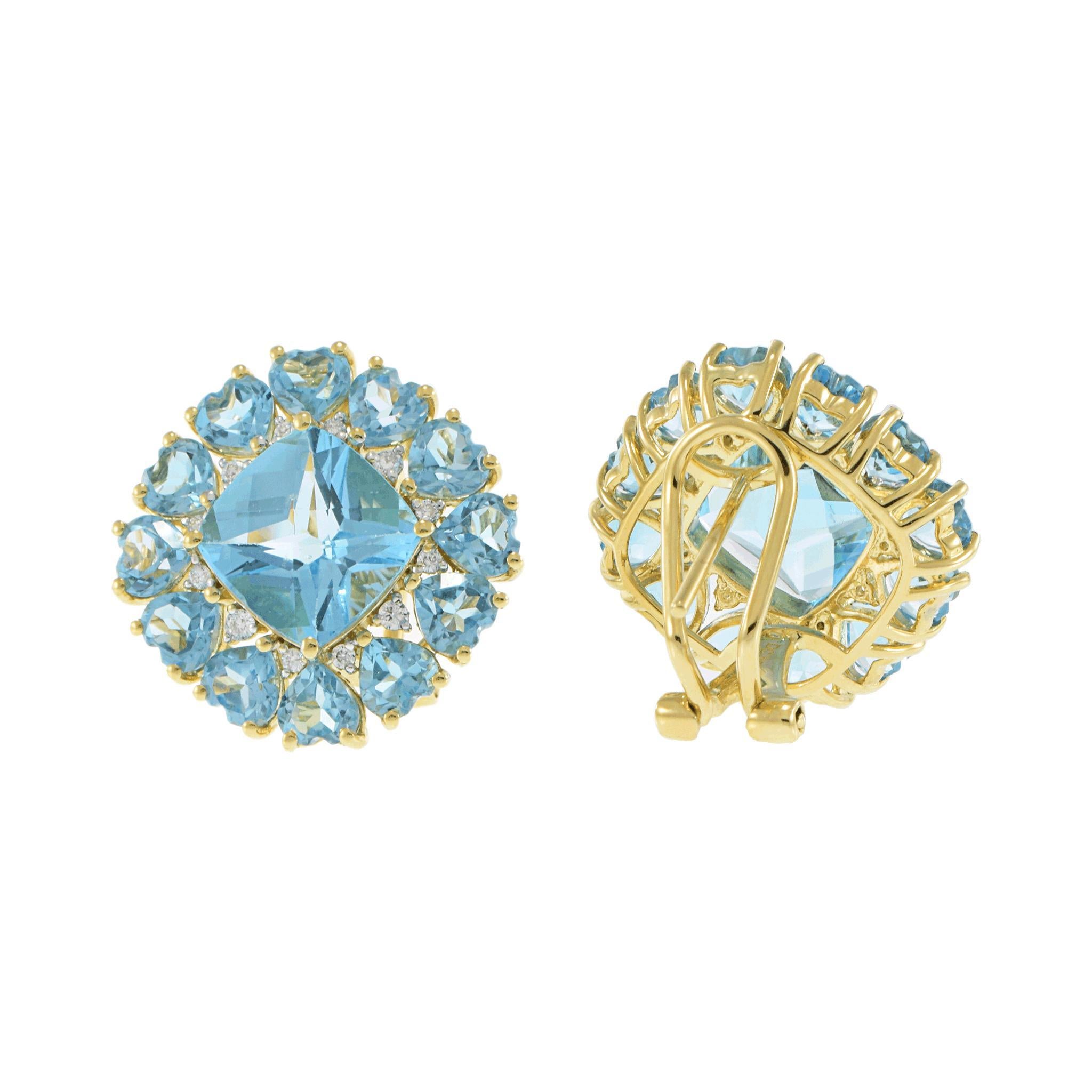 Boucles d'oreilles carrées en or jaune 18KT avec topaze bleue et diamant Neuf - En vente à New York, NY