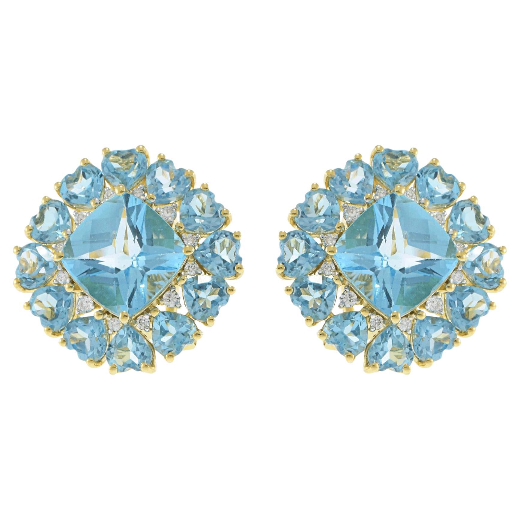 Boucles d'oreilles carrées en or jaune 18KT avec topaze bleue et diamant