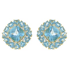 18KT Yellow Gold Blue Topaz and Diamond Square Earrings