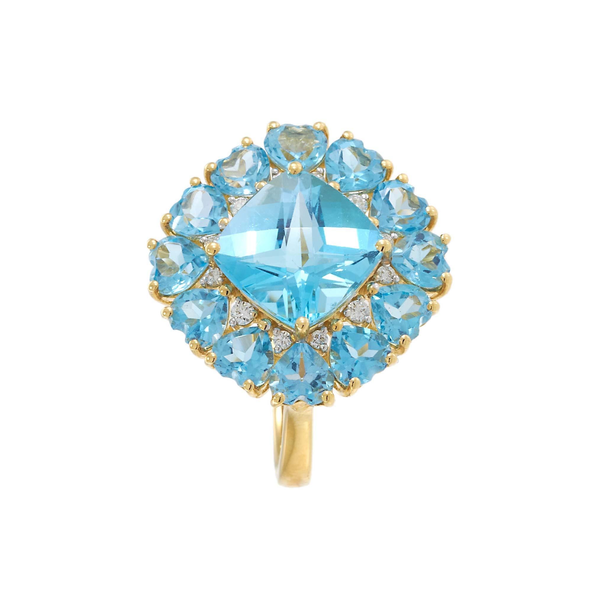 18KT Yellow Gold Blue Topaz & Diamond Cluster Ring in vendita 1