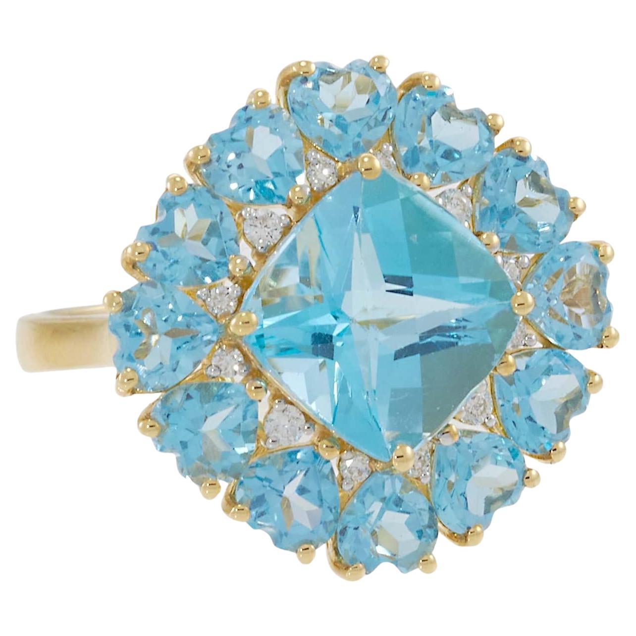 18KT Yellow Gold Blue Topaz 
Diamond Cluster Ring