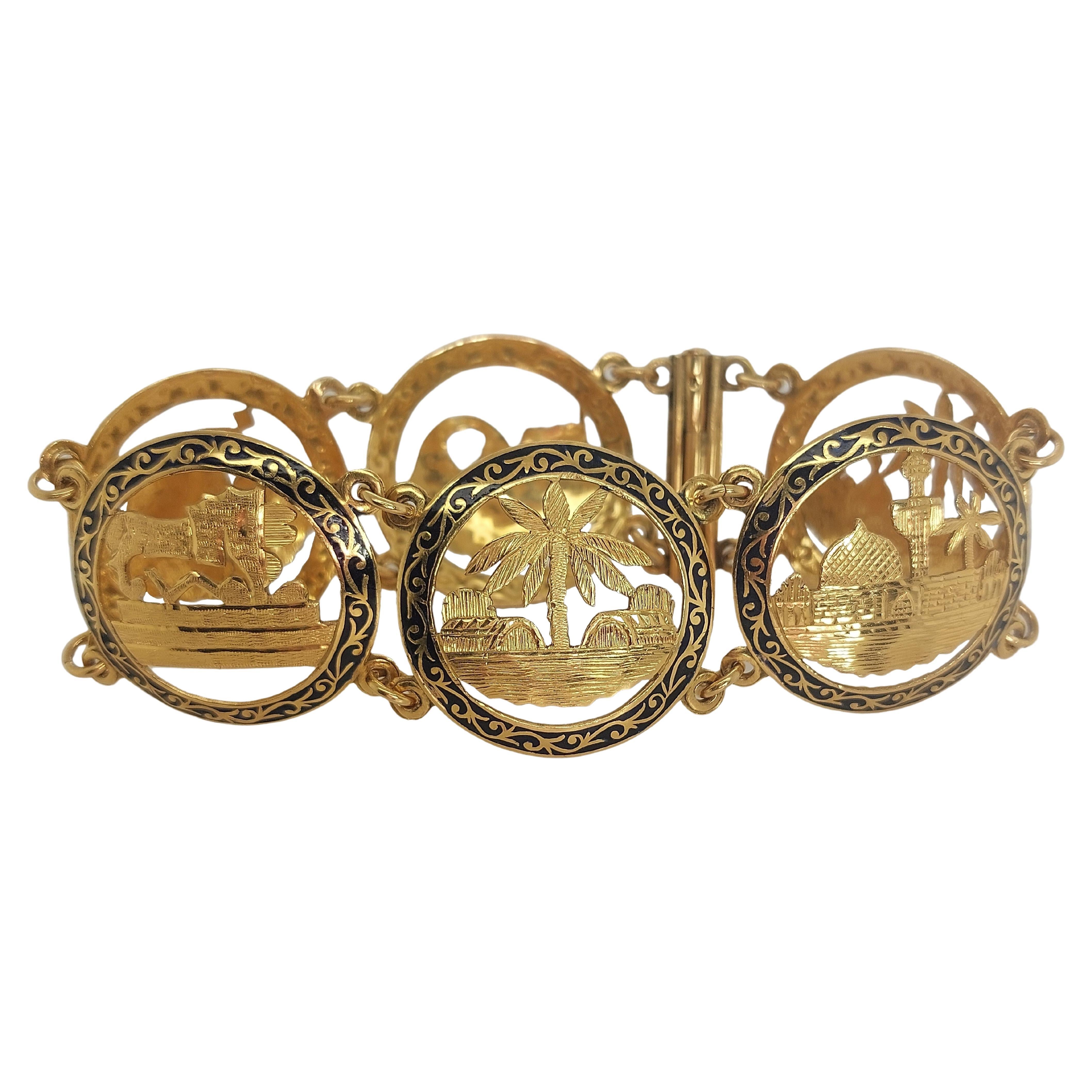 18kt Yellow Gold Bracelet, Enamel 6 Circles Engraved a Different Picture, ART