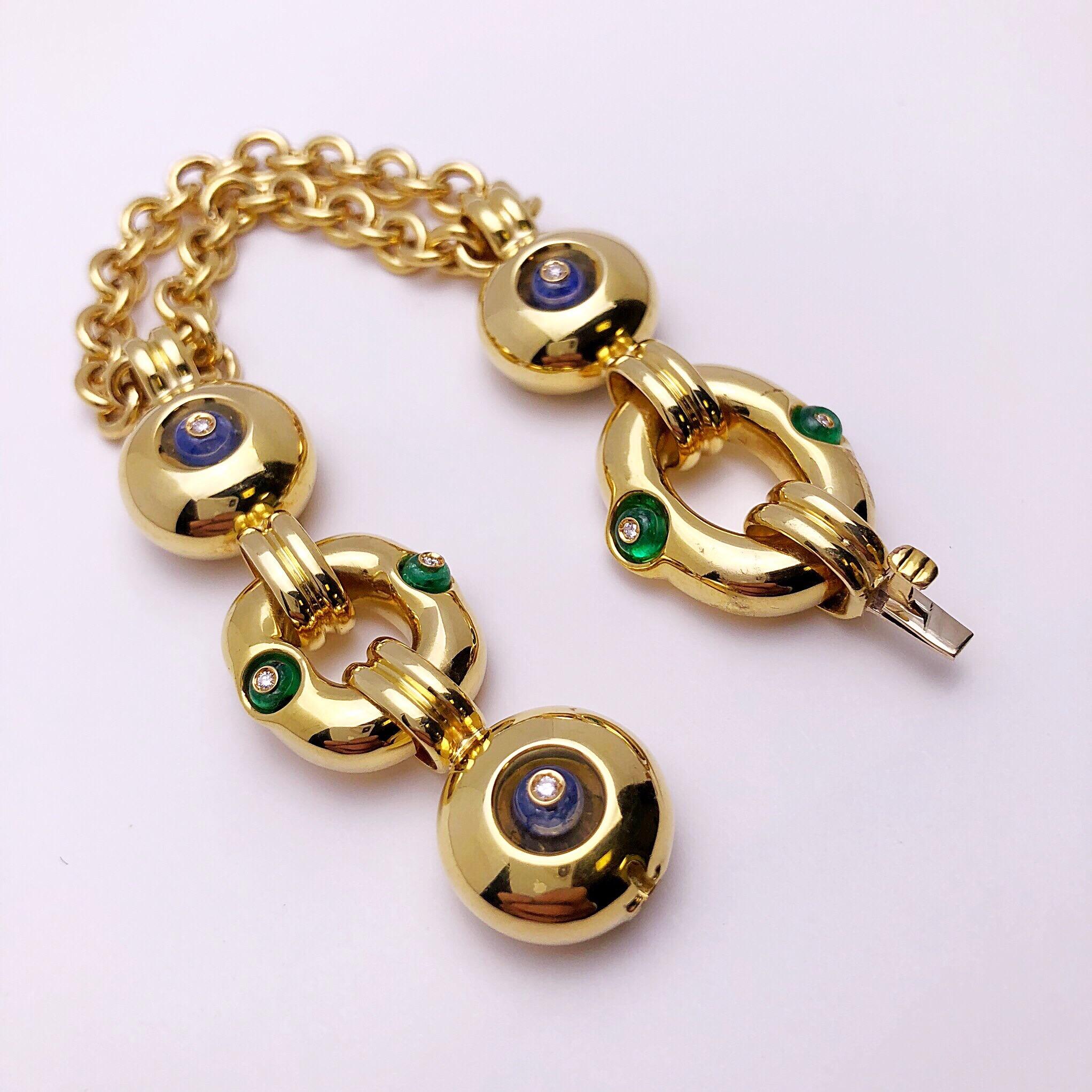 Modern 18Kt Yellow Gold Bracelet with 3.15ct of Emerald & Sapphires, .10ct of Diamonds