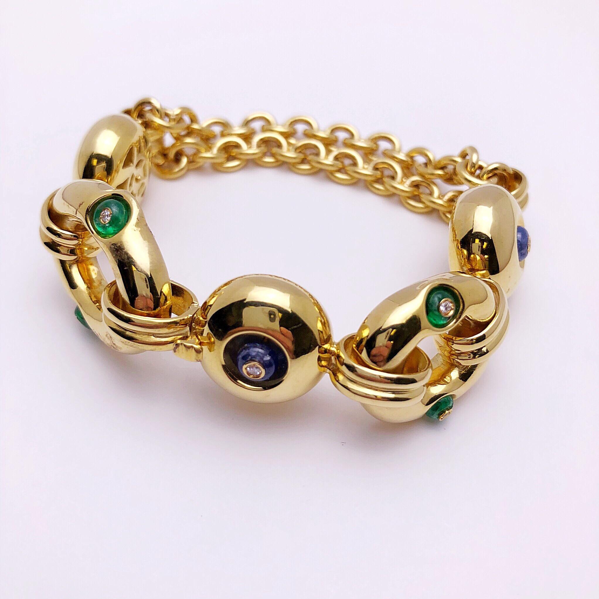 Round Cut 18Kt Yellow Gold Bracelet with 3.15ct of Emerald & Sapphires, .10ct of Diamonds