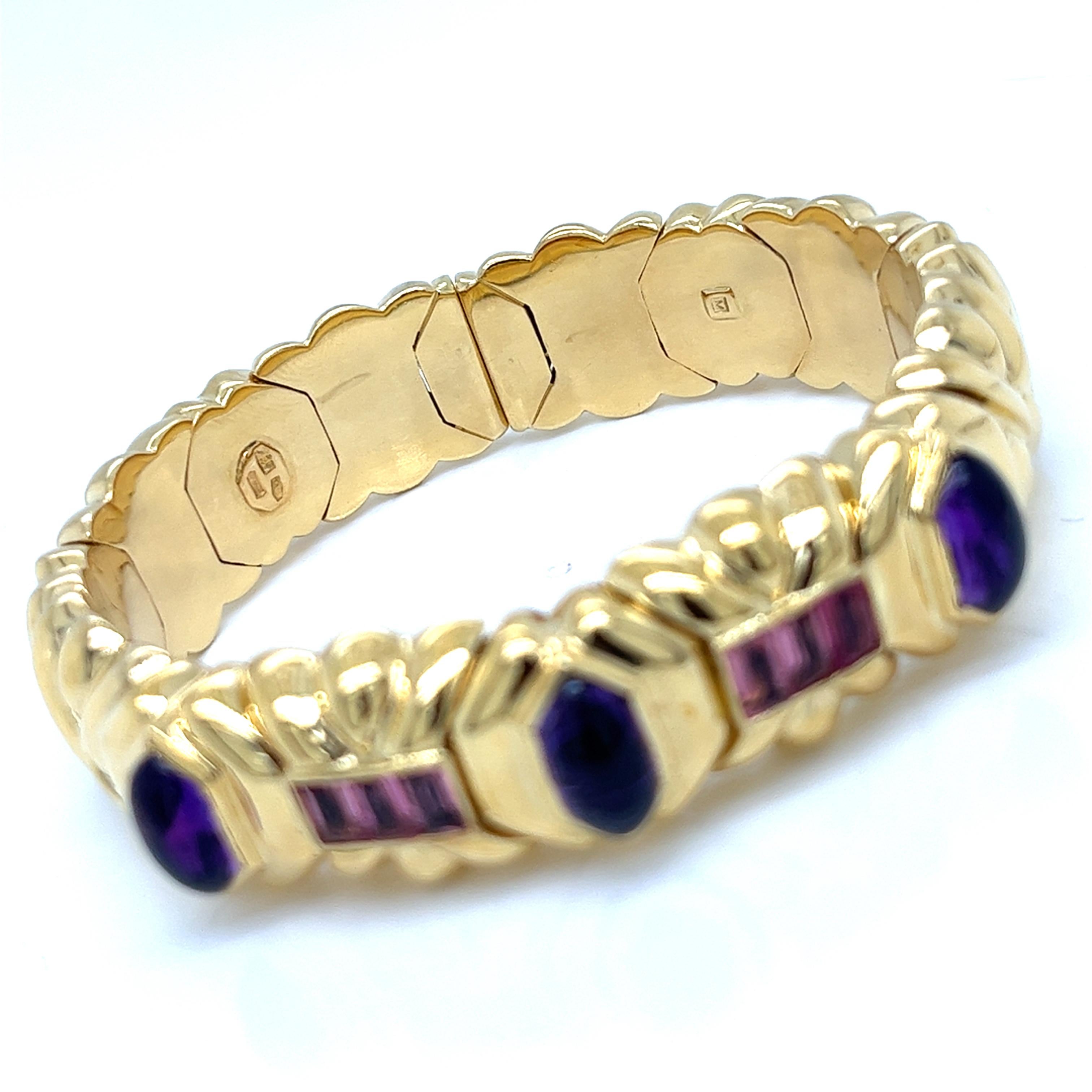 Hexagon Cut 18Kt Yellow Gold Bracelet with Amethyst and Tourmaline. Total Weights 72 grams For Sale