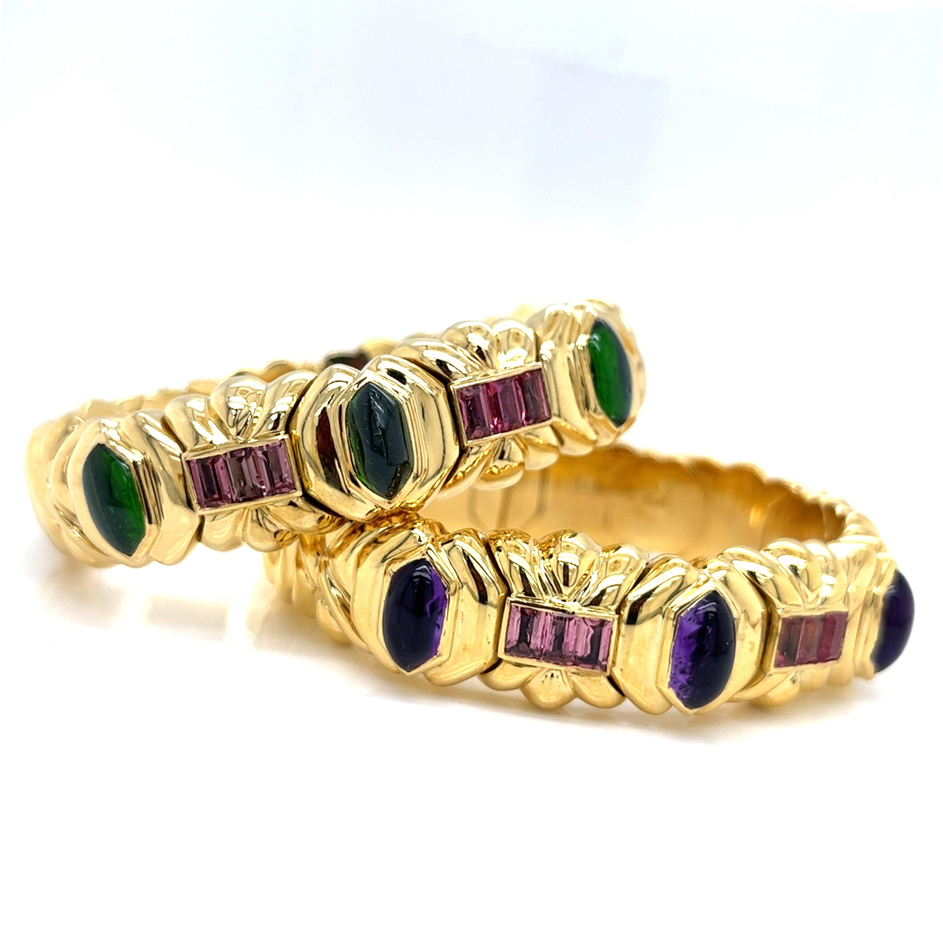 18Kt Yellow Gold Bracelet with Amethyst and Tourmaline. Total Weights 72 grams In Excellent Condition For Sale In Miami, FL
