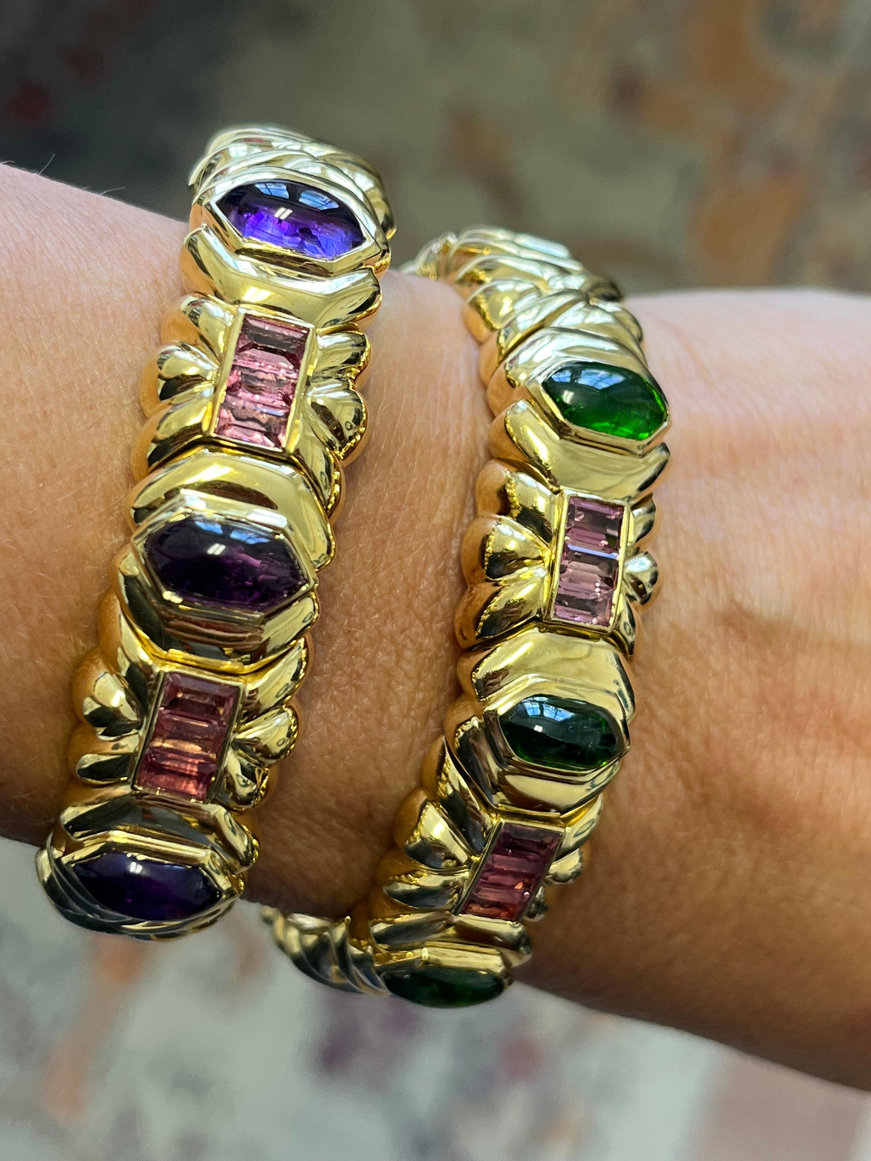 Women's or Men's 18Kt Yellow Gold Bracelet with Amethyst and Tourmaline. Total Weights 72 grams For Sale
