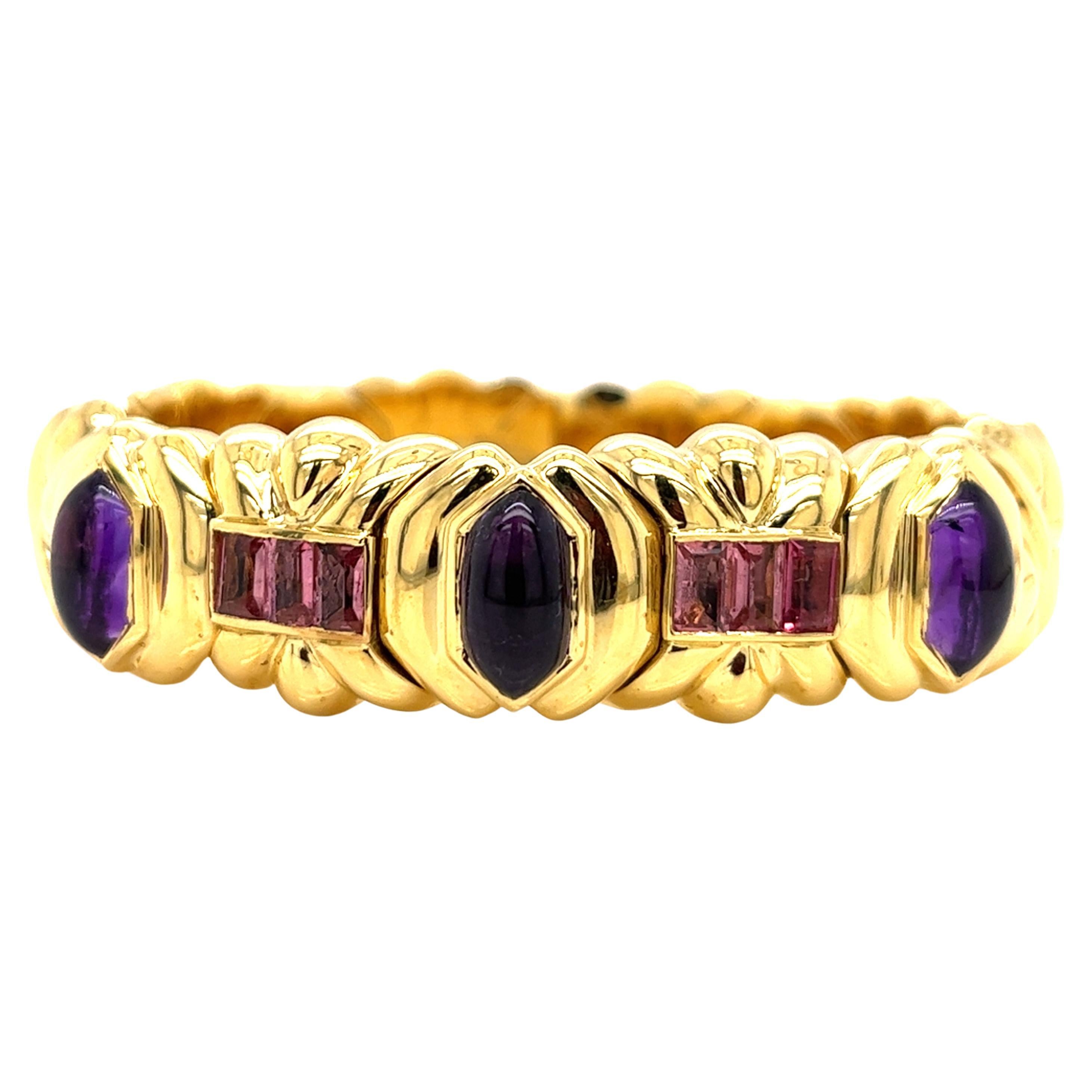18Kt Yellow Gold Bracelet with Amethyst and Tourmaline. Total Weights 72 grams For Sale