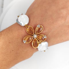 18kt Yellow Gold bracelet with flower in Citrine quartz, pearls and diamond