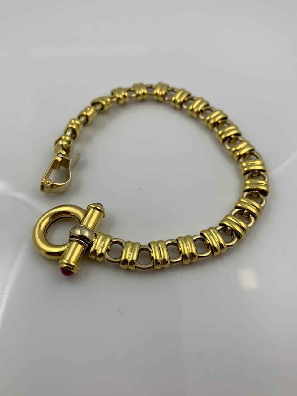 Women's 18 Karat Yellow Gold Bracelet with Ruby Clasp, 19.7 Grams For Sale